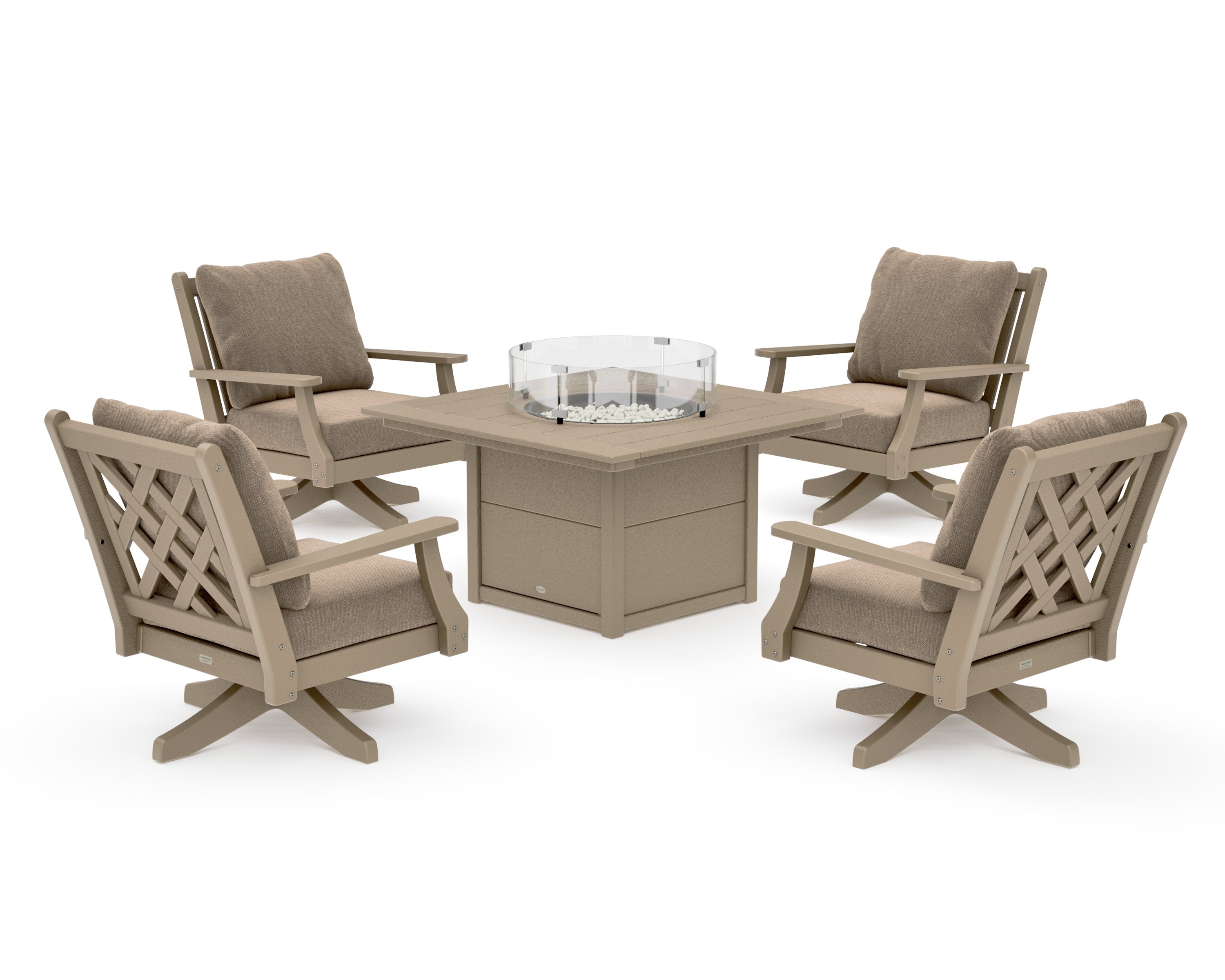 Wovendale 5-Piece Deep Seating Swivel Conversation Set with Fire Pit Table in Vintage Sahara / Spiced Burlap