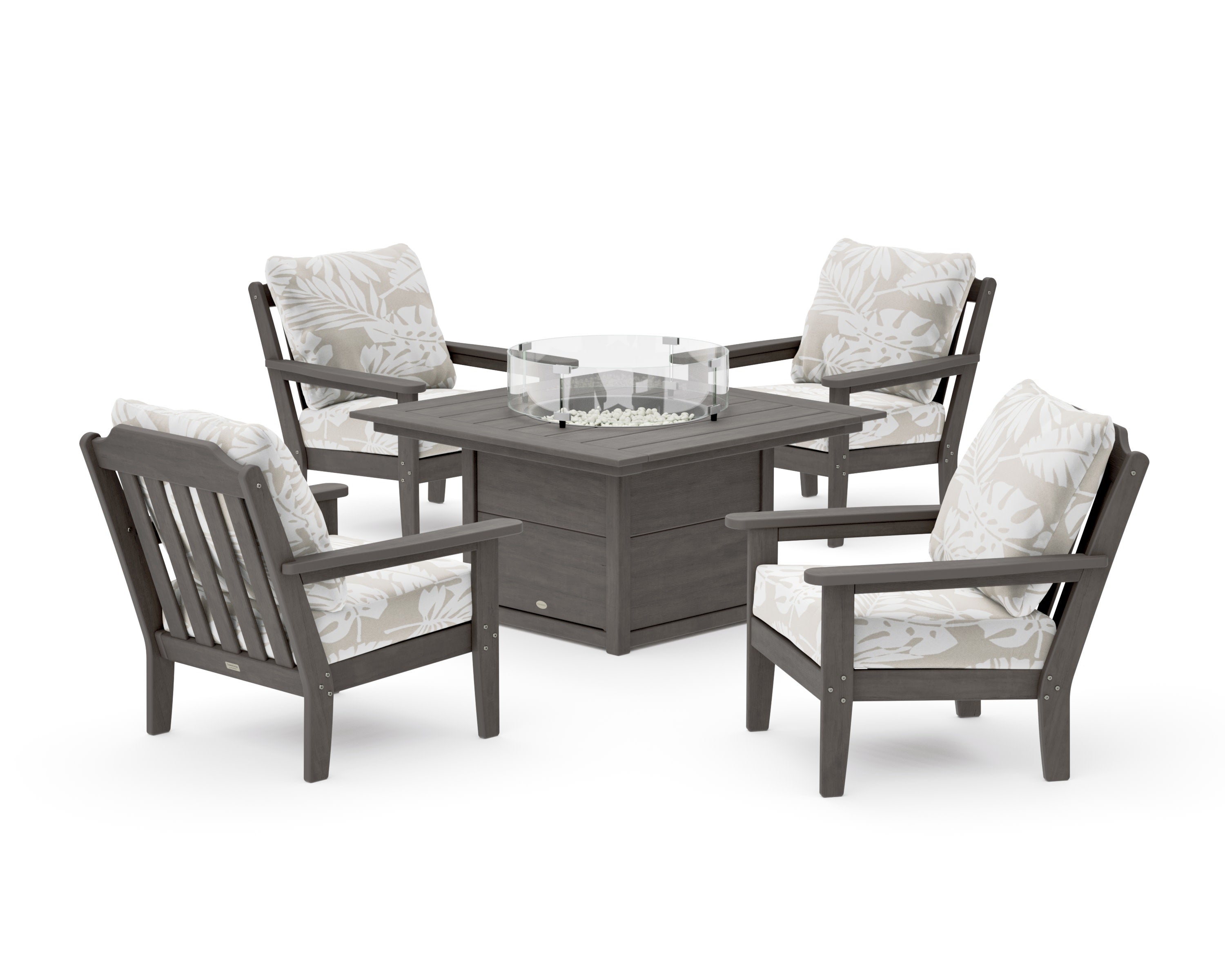 Cottage 5-Piece Deep Seating Set with Fire Pit Table in Driftwood / Leaf Dune Burlap