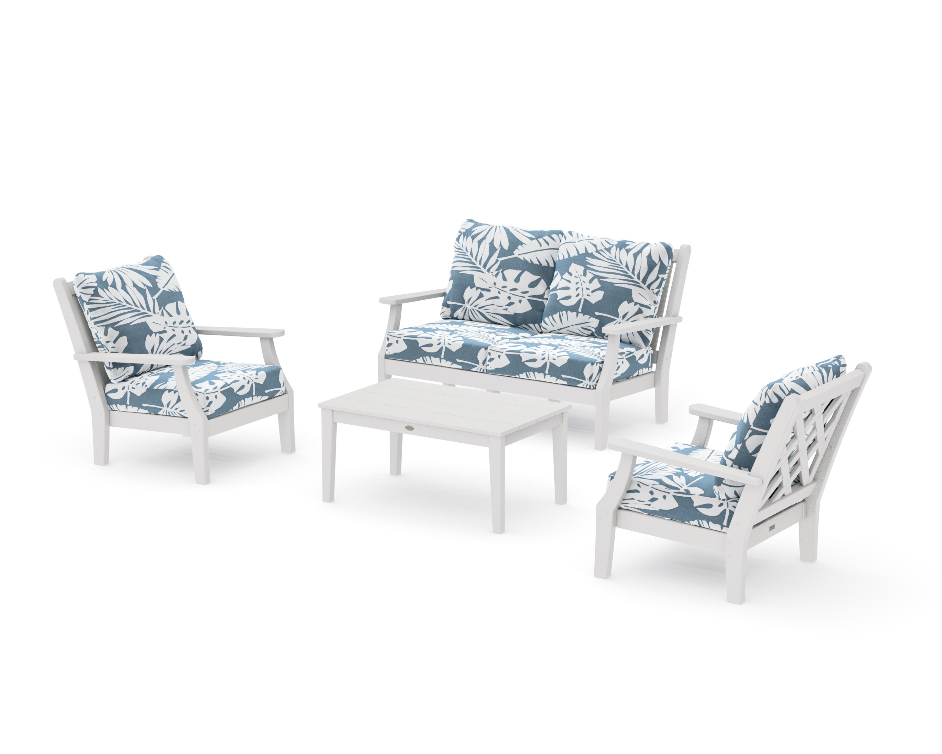 Wovendale 4-Piece Deep Seating Set with Loveseat in Vintage White / Leaf Sky Blue