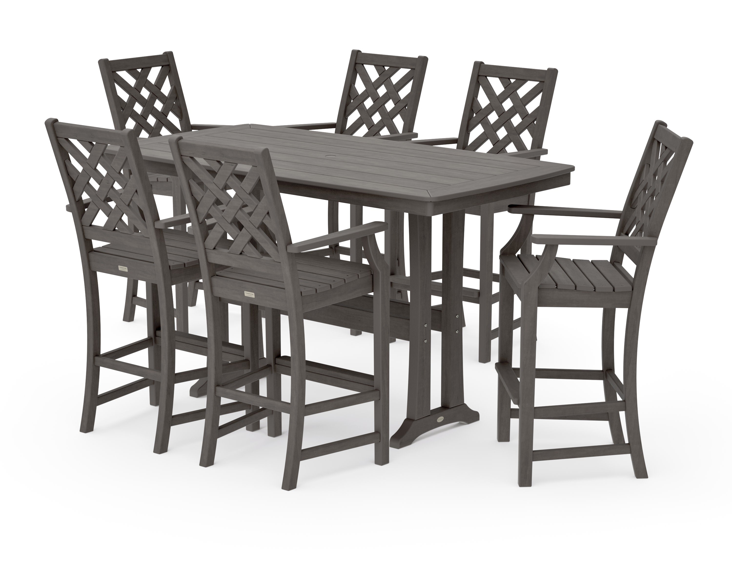 Wovendale Arm Chair 7-Piece Bar Set with Trestle Legs in Driftwood