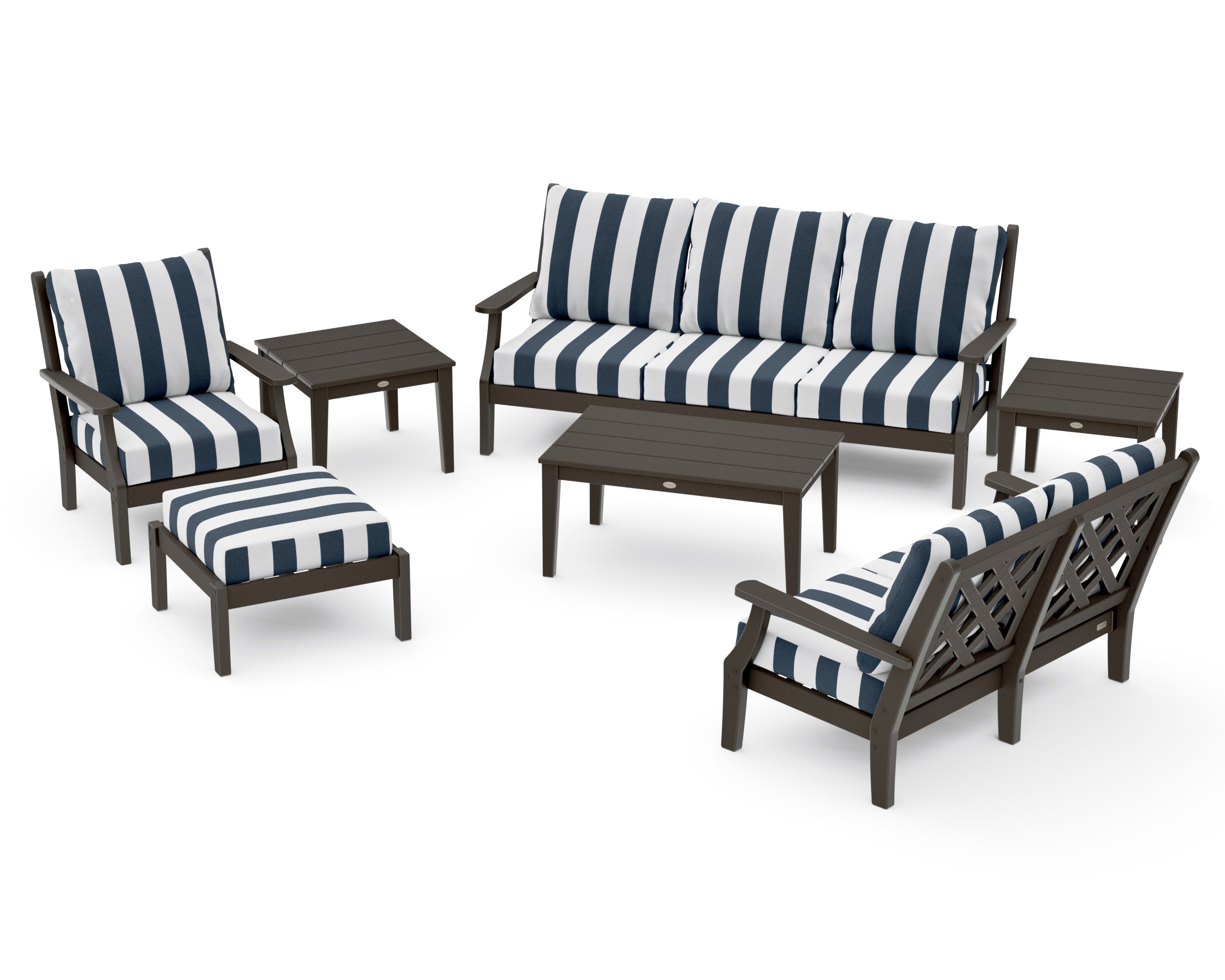 Wovendale 7-Piece Deep Seating Set in Vintage Coffee / Cabana Stripe Marine Indigo