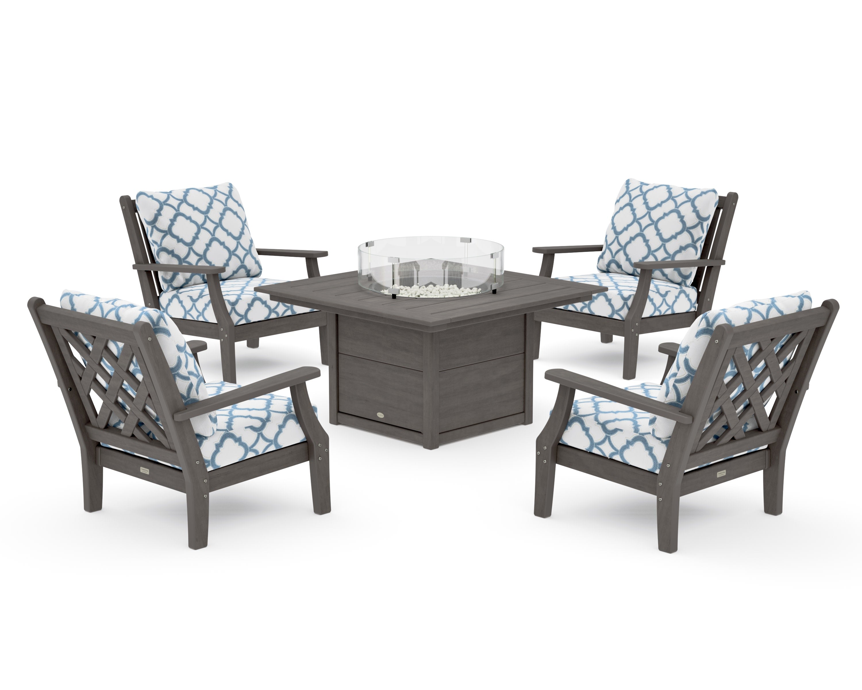Wovendale 5-Piece Deep Seating Set with Fire Pit Table in Driftwood / Trellis Sky Blue