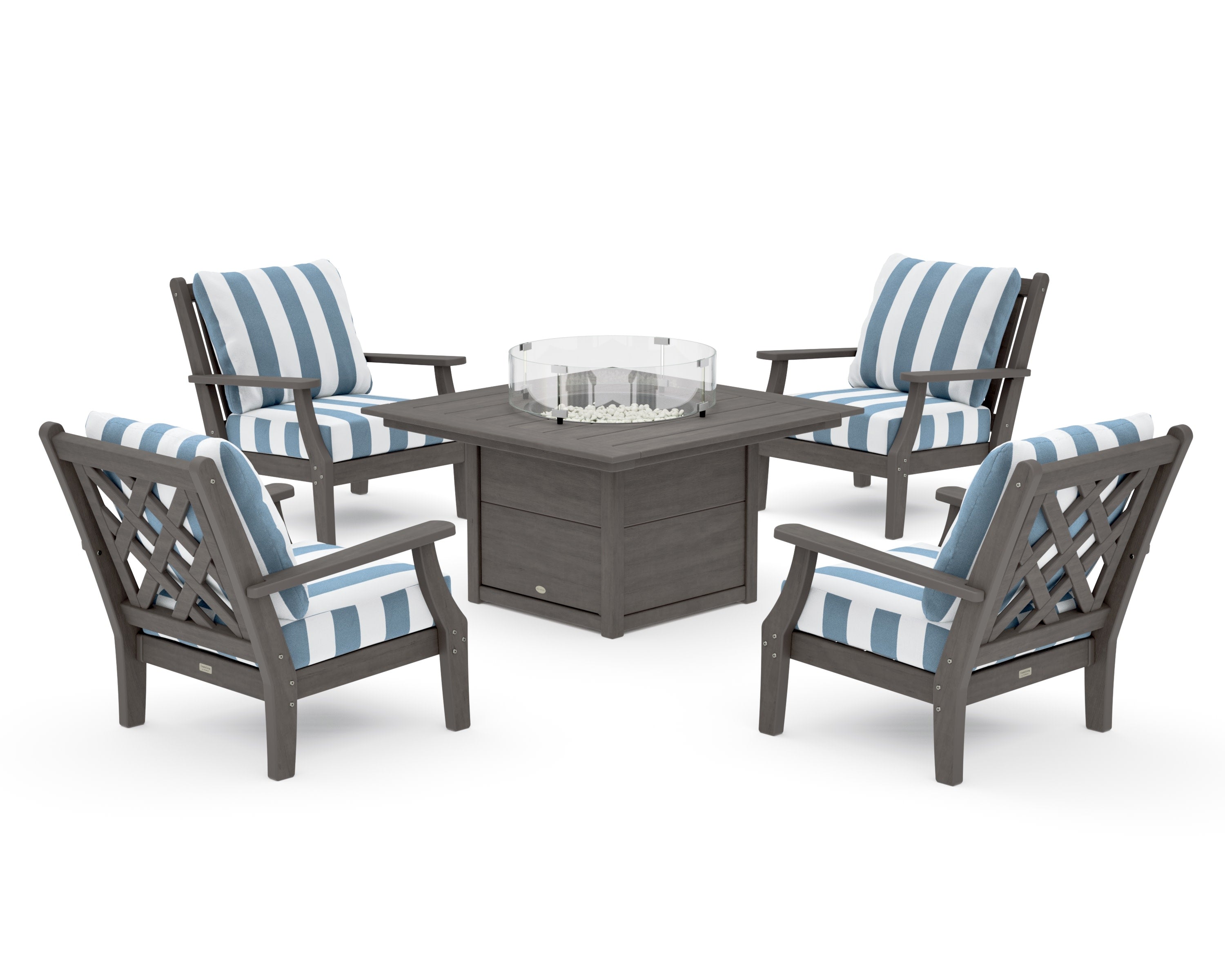 Wovendale 5-Piece Deep Seating Set with Fire Pit Table in Driftwood / Cabana Stripe Sky Blue
