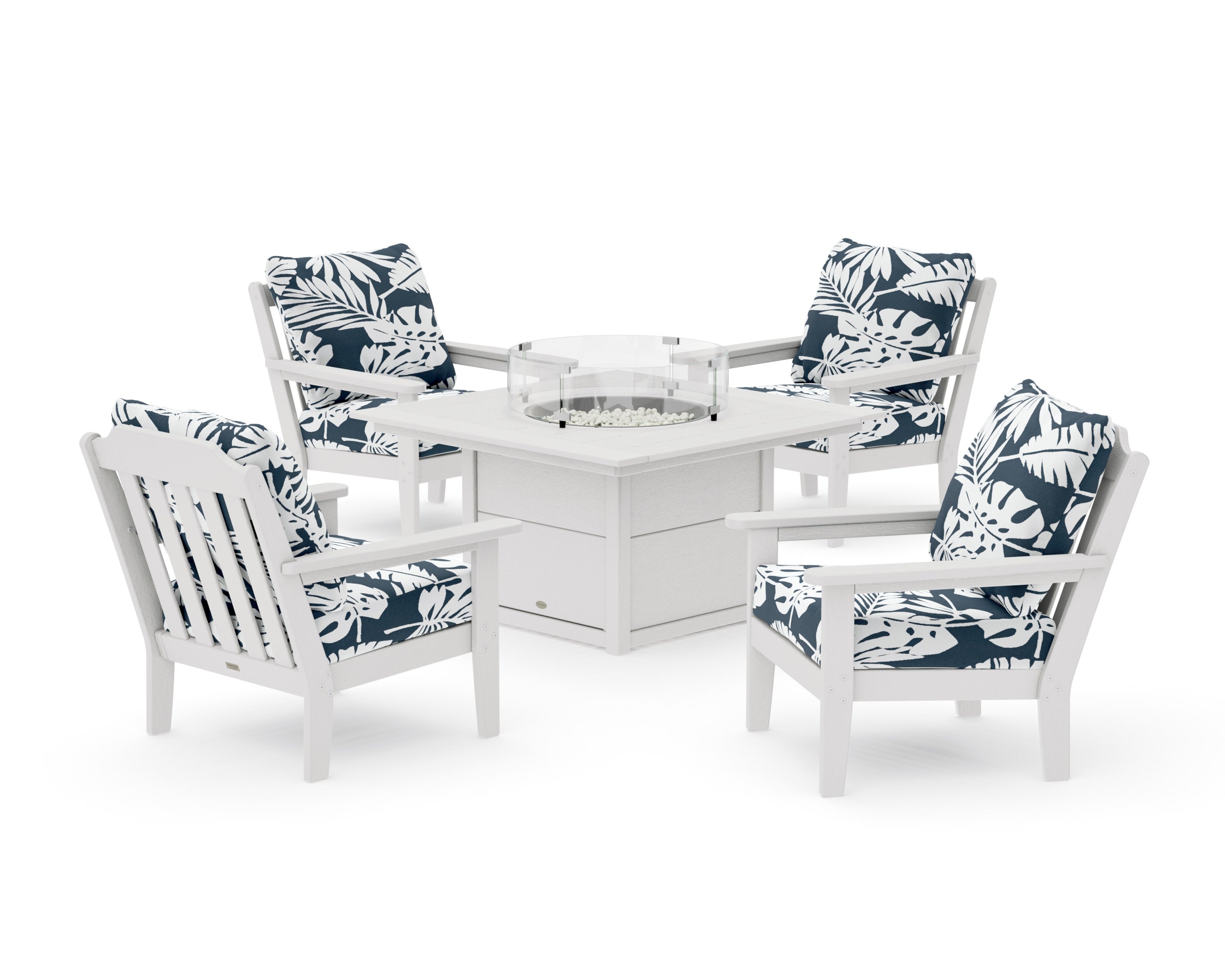 Cottage 5-Piece Deep Seating Set with Fire Pit Table in Vintage White / Leaf Marine Indigo