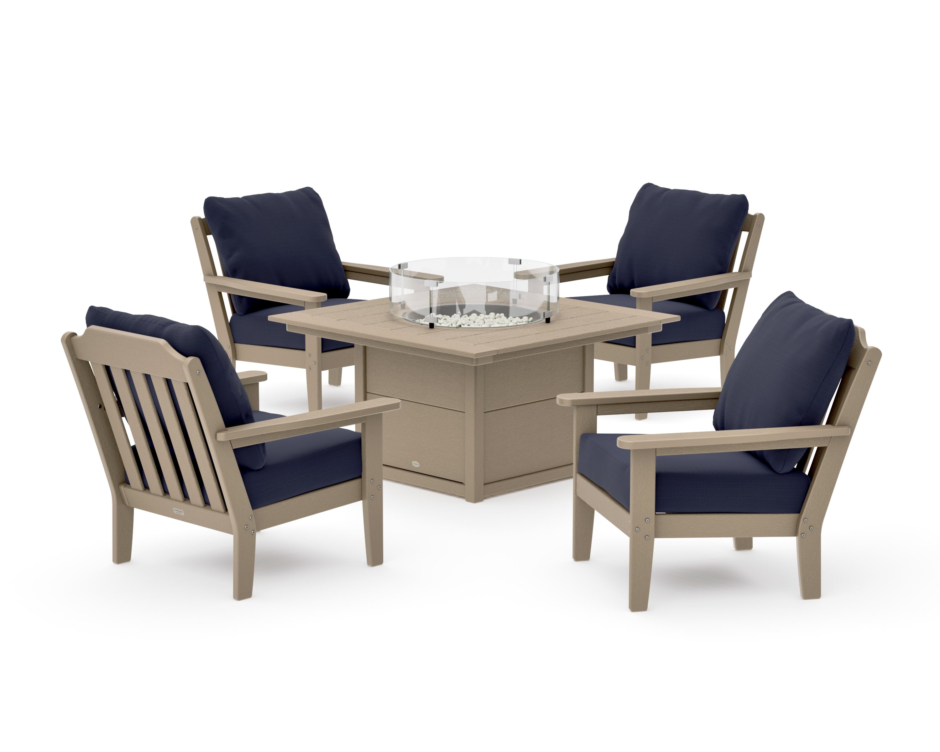 Cottage 5-Piece Deep Seating Set with Fire Pit Table in Vintage Sahara / Navy Linen