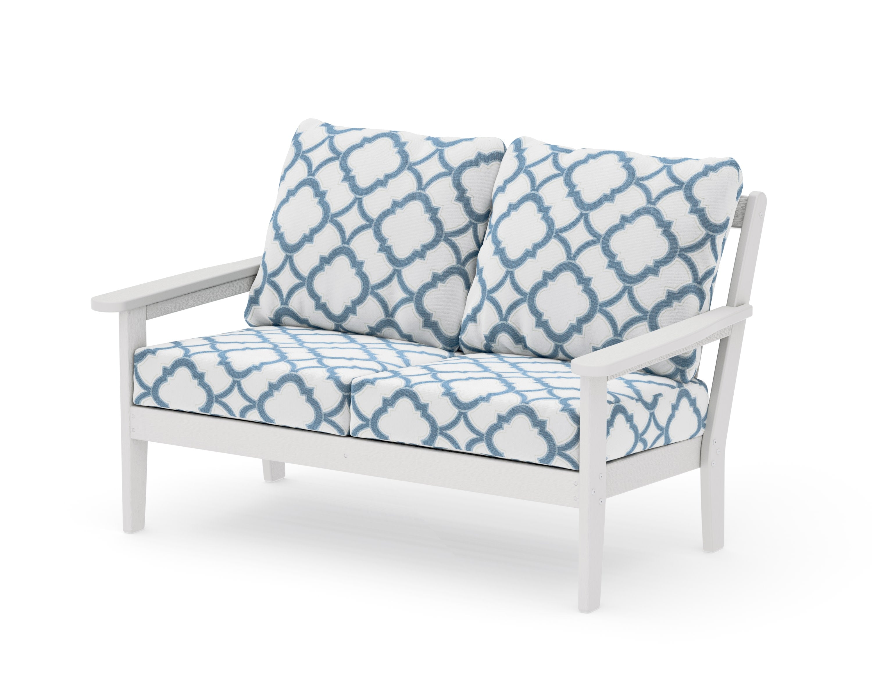 Cottage Deep Seating Loveseat in Vintage White / Trellis Sky Blue