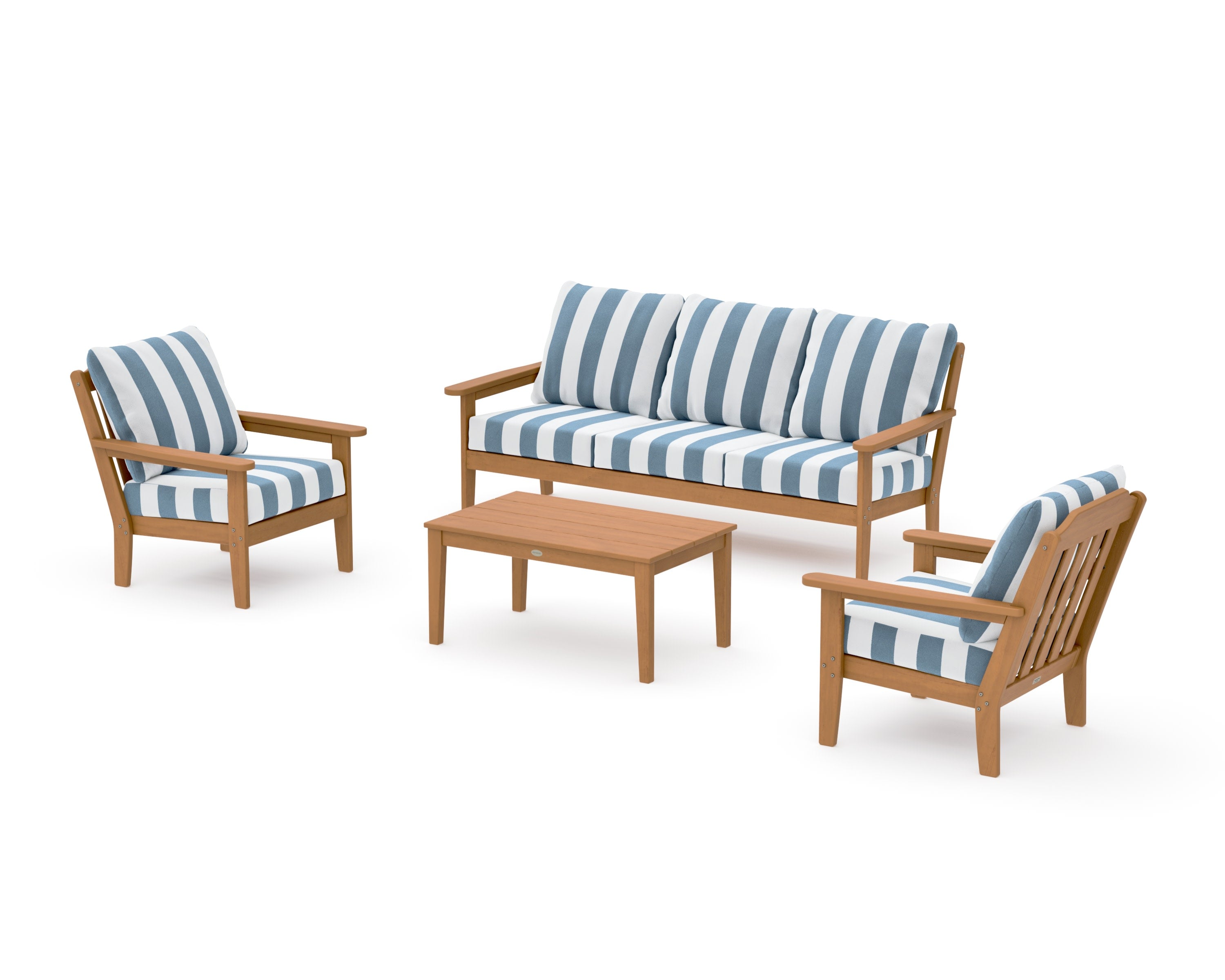 Cottage 4-Piece Deep Seating Set with Sofa in Natural / Cabana Stripe Sky Blue