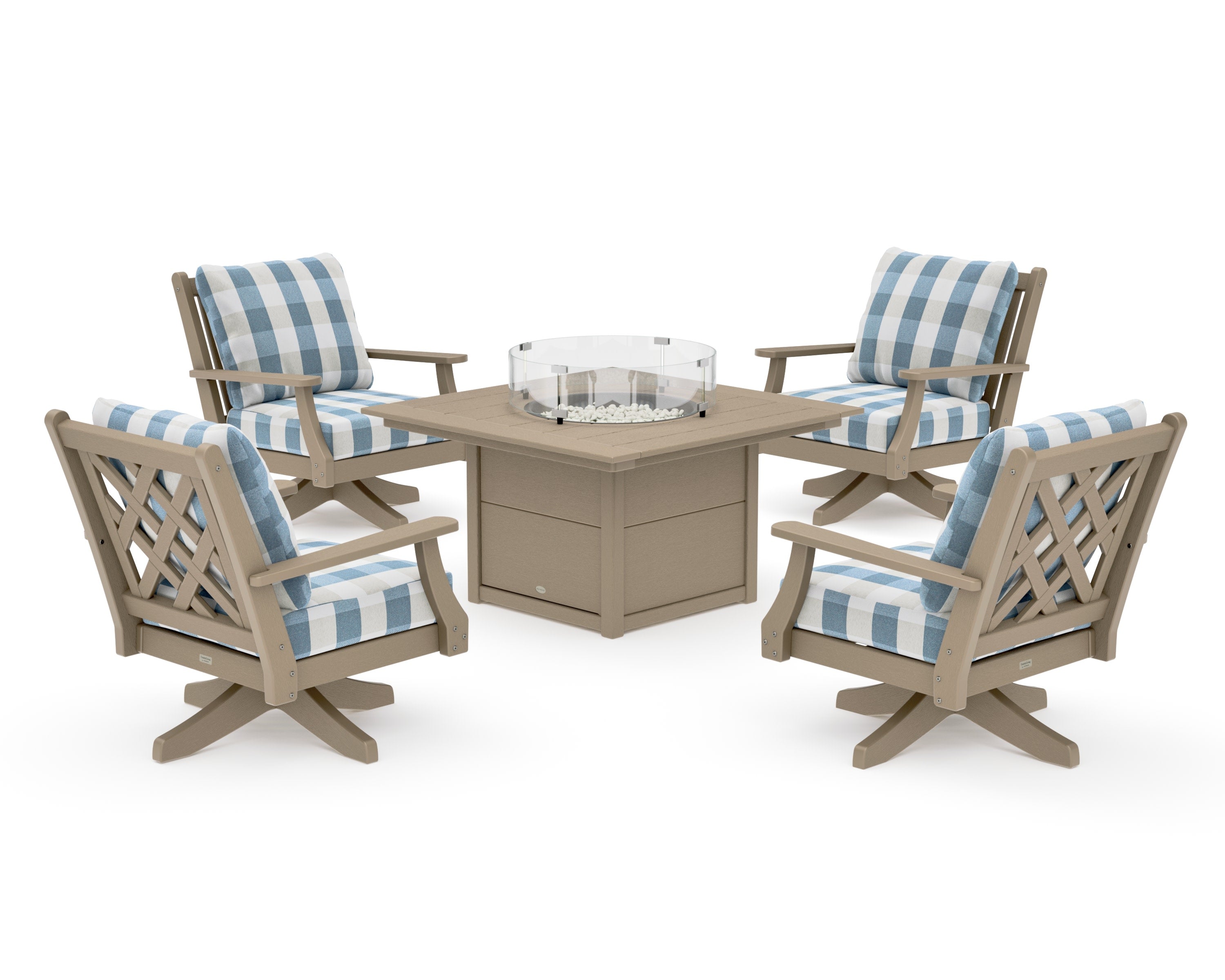 Wovendale 5-Piece Deep Seating Swivel Conversation Set with Fire Pit Table in Vintage Sahara / Buffalo Plaid Sky Blue