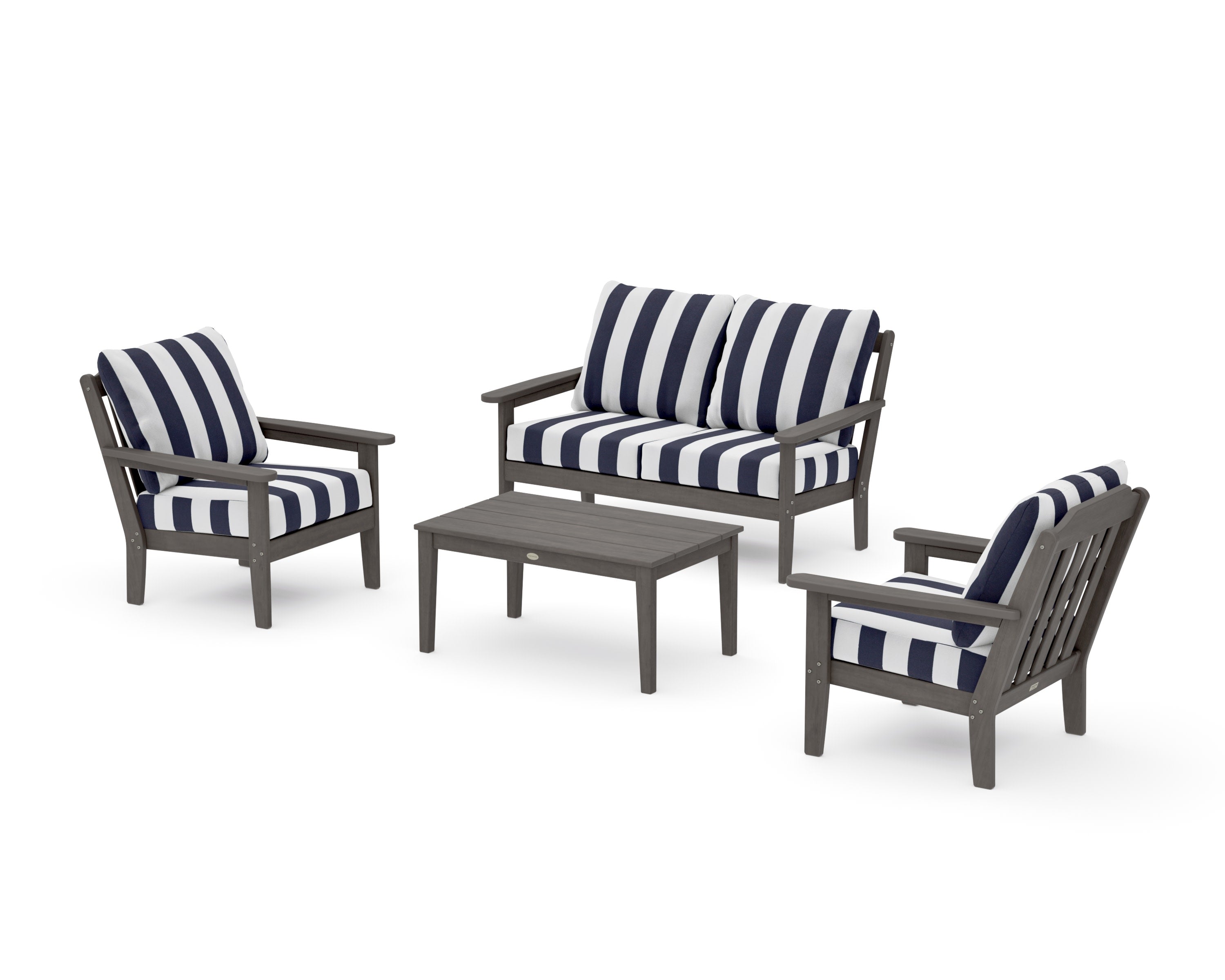 Cottage 4-Piece Deep Seating Set with Loveseat in Driftwood / Cabana Stripe Navy