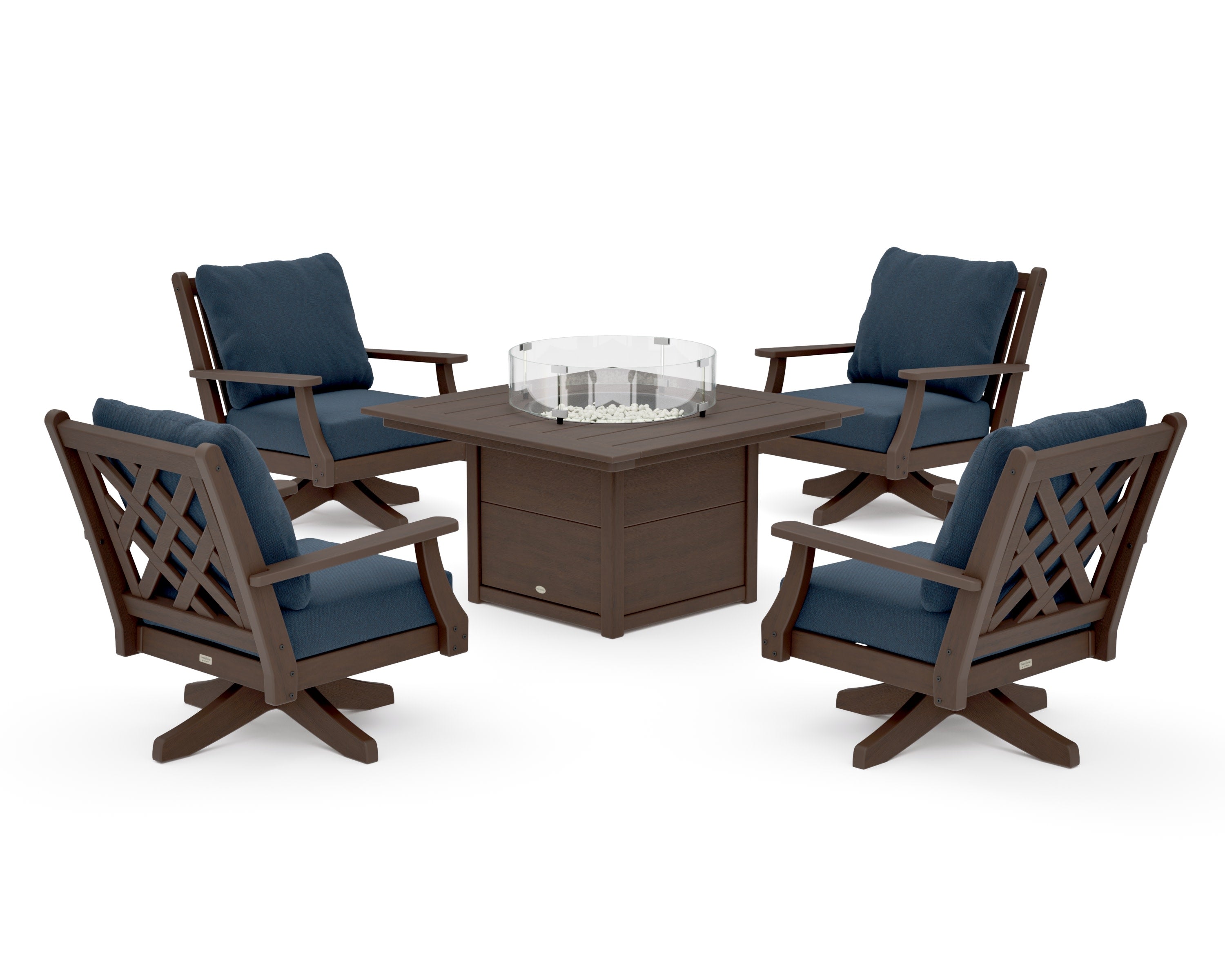 Wovendale 5-Piece Deep Seating Swivel Conversation Set with Fire Pit Table in Kona / Marine Indigo