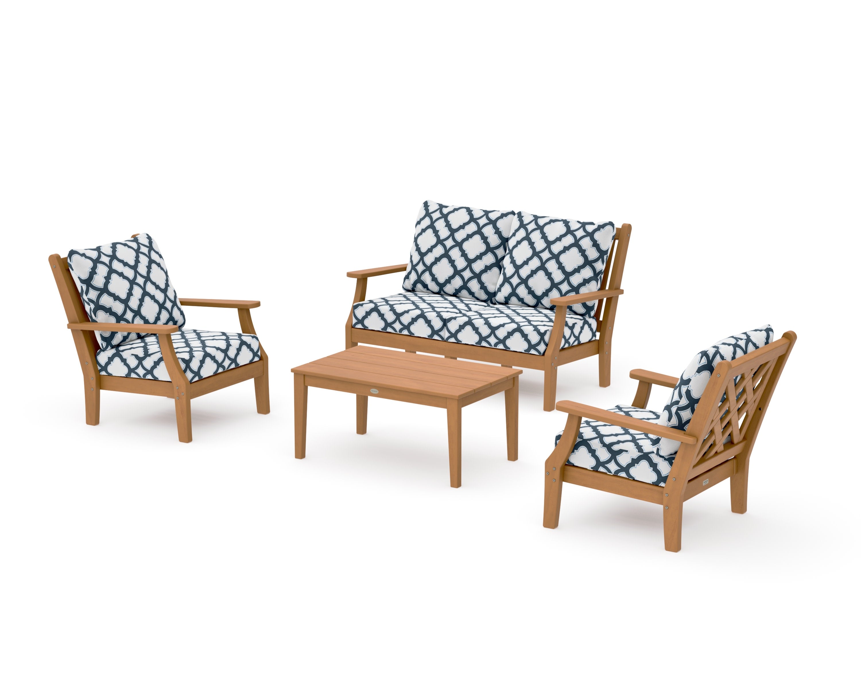 Wovendale 4-Piece Deep Seating Set with Loveseat in Natural / Trellis Marine Indigo