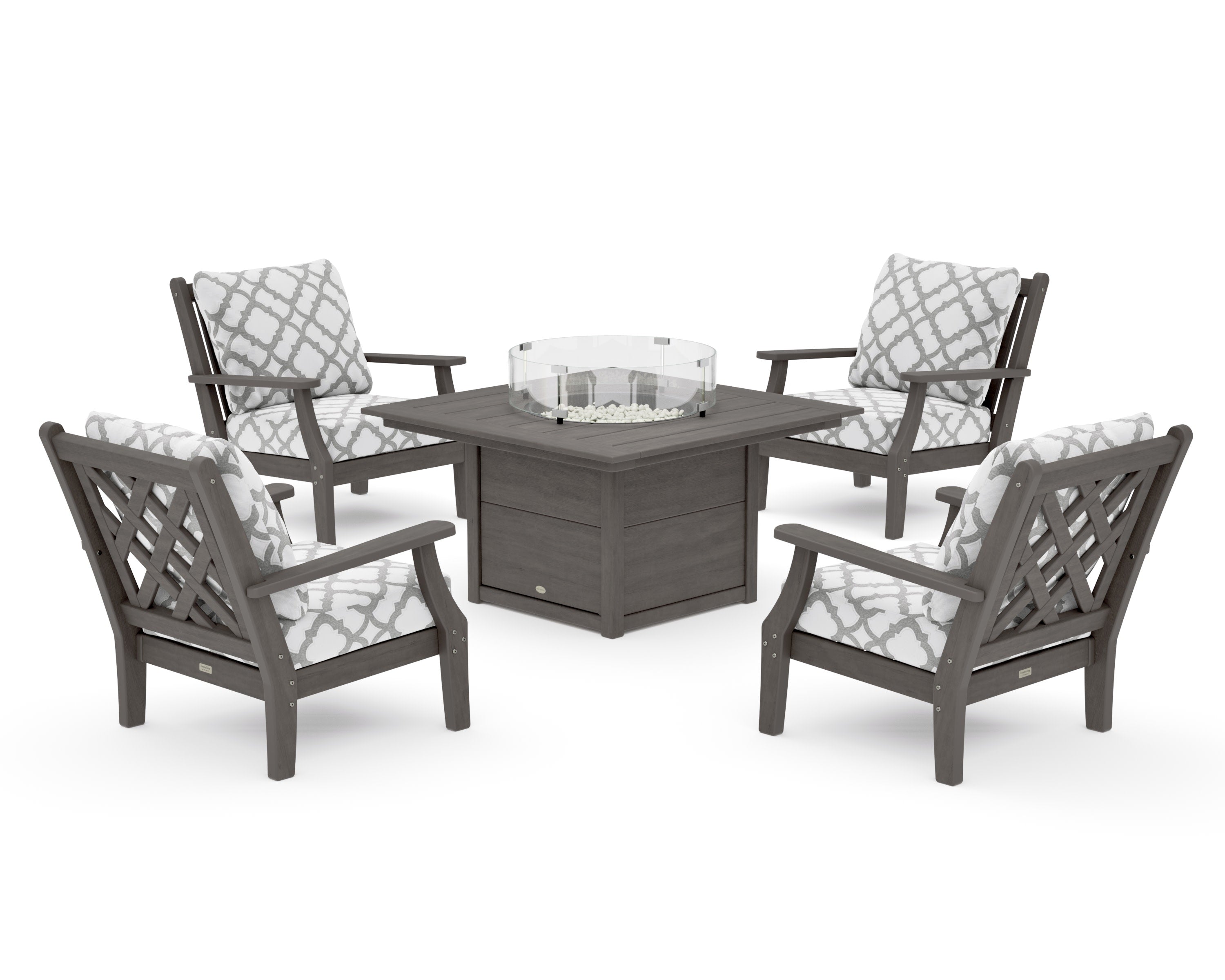Wovendale 5-Piece Deep Seating Set with Fire Pit Table in Driftwood / Trellis Grey Mist