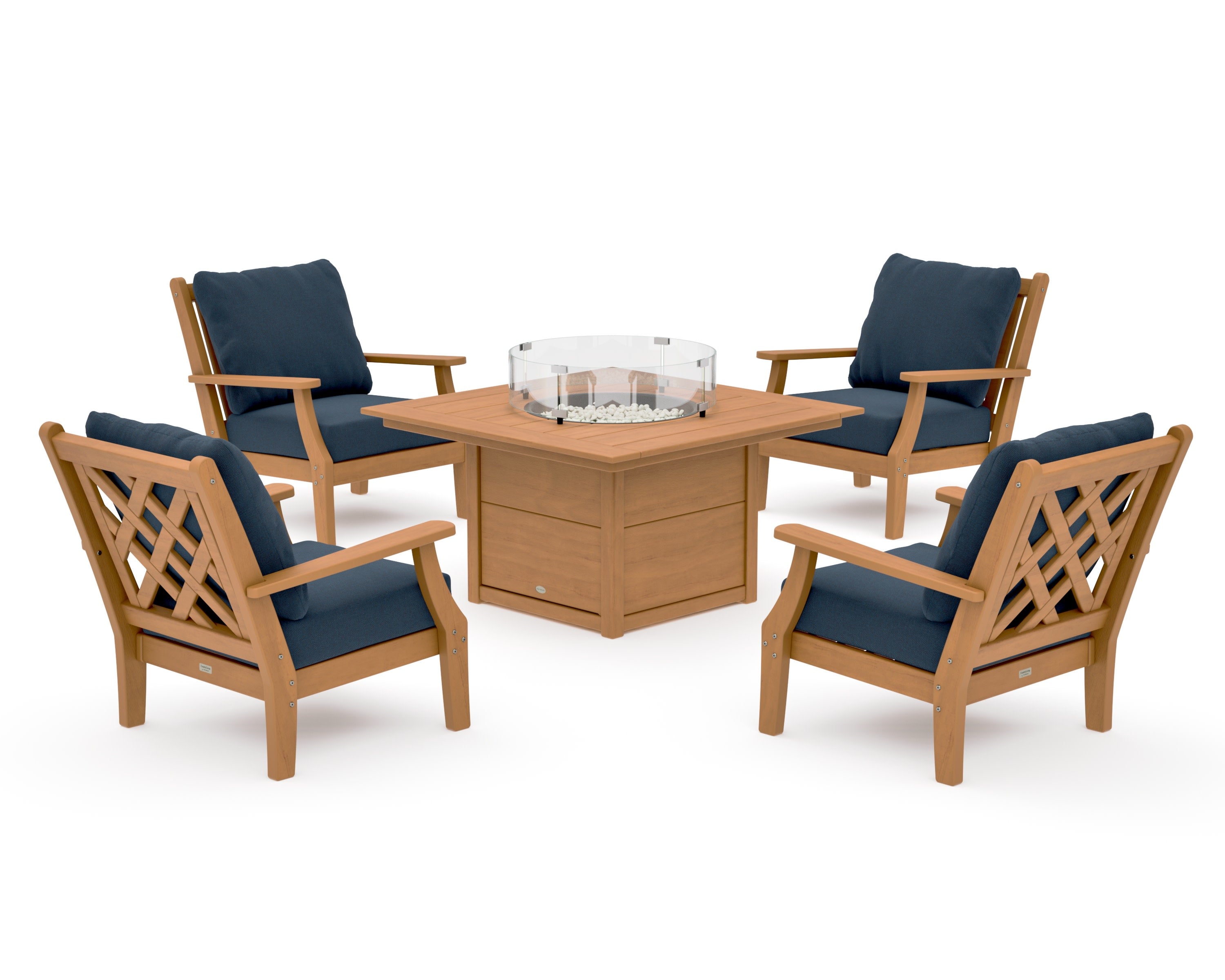 Wovendale 5-Piece Deep Seating Set with Fire Pit Table in Natural / Marine Indigo