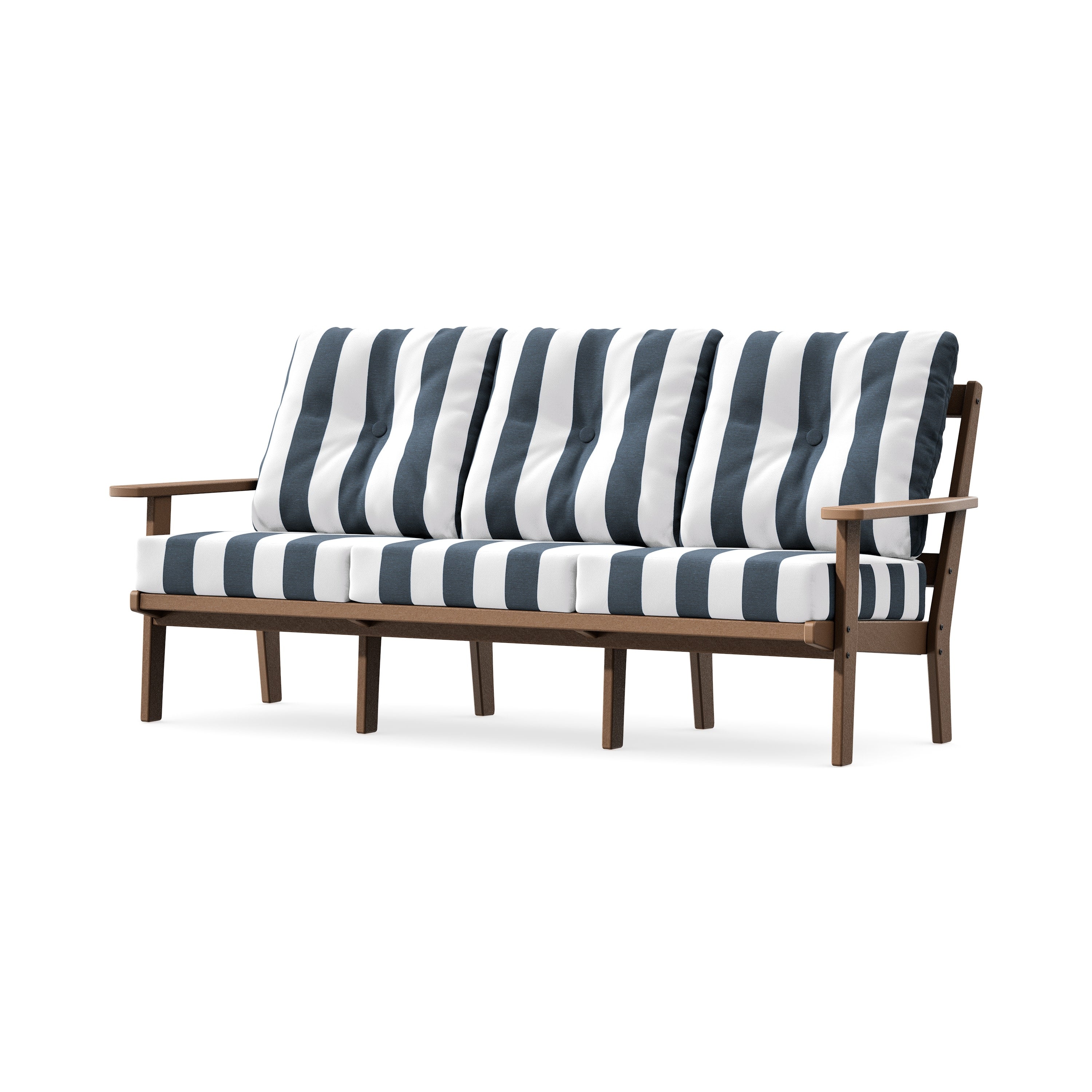 PrairieDeep Seating Sofa in Teak / Cabana Stripe Marine Indigo