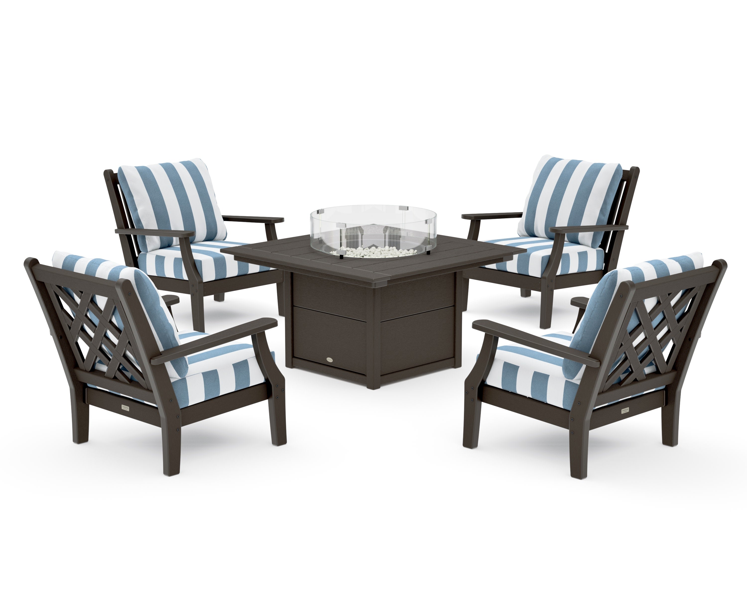 Wovendale 5-Piece Deep Seating Set with Fire Pit Table in Vintage Coffee / Cabana Stripe Sky Blue