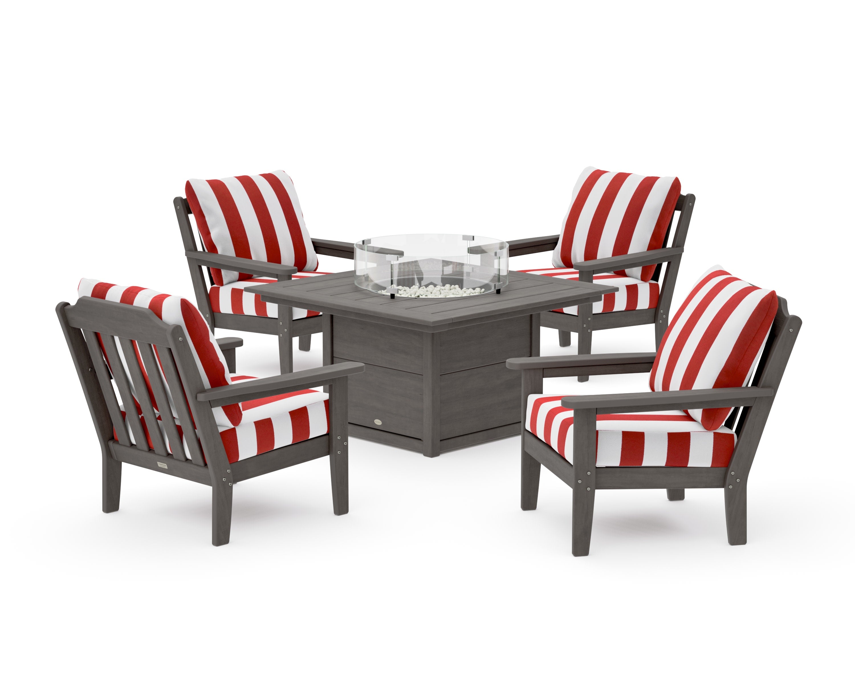 Cottage 5-Piece Deep Seating Set with Fire Pit Table in Driftwood / Cabana Stripe Crimson