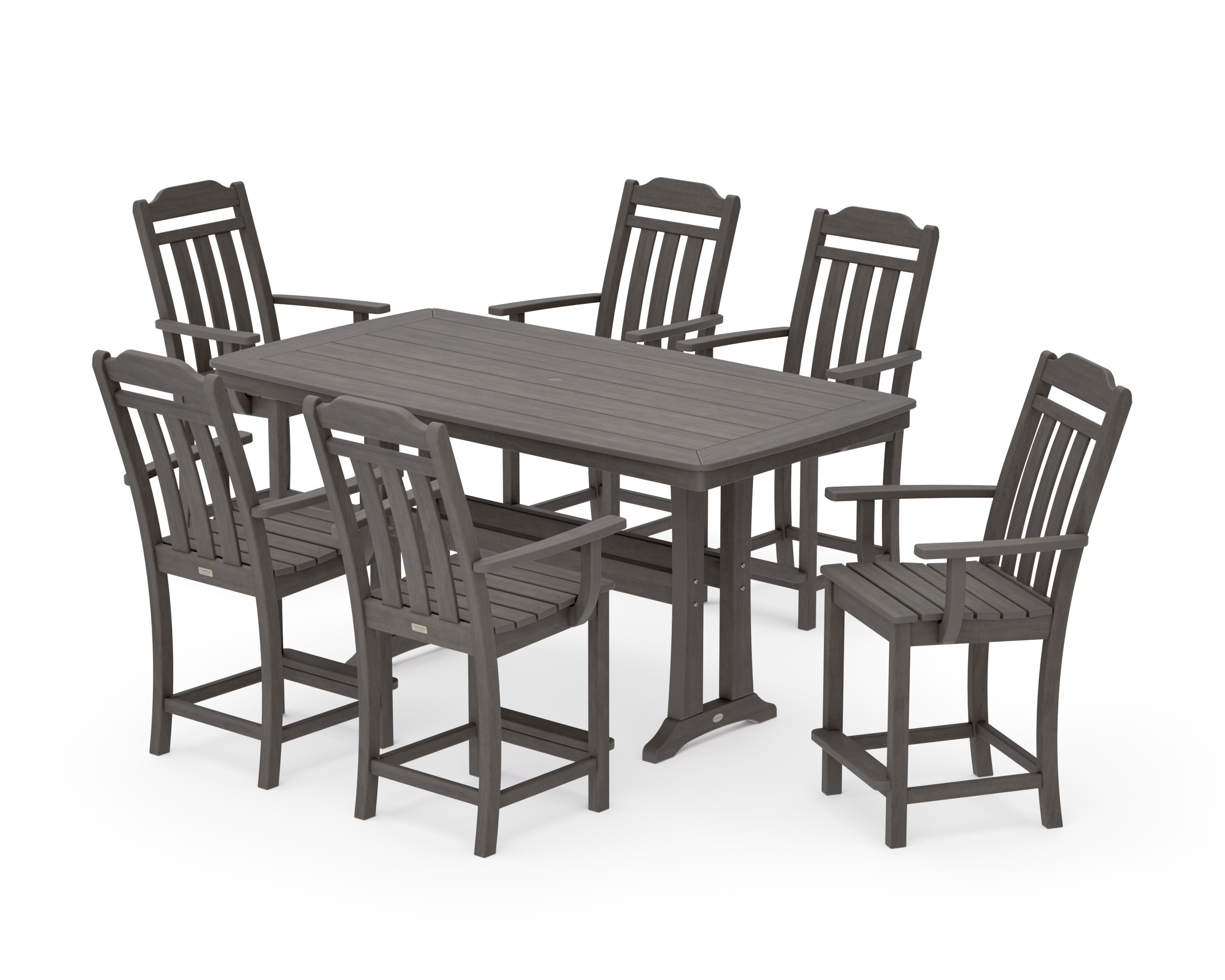 Cottage Arm Chair 7-Piece Counter Set with Trestle Legs in Driftwood