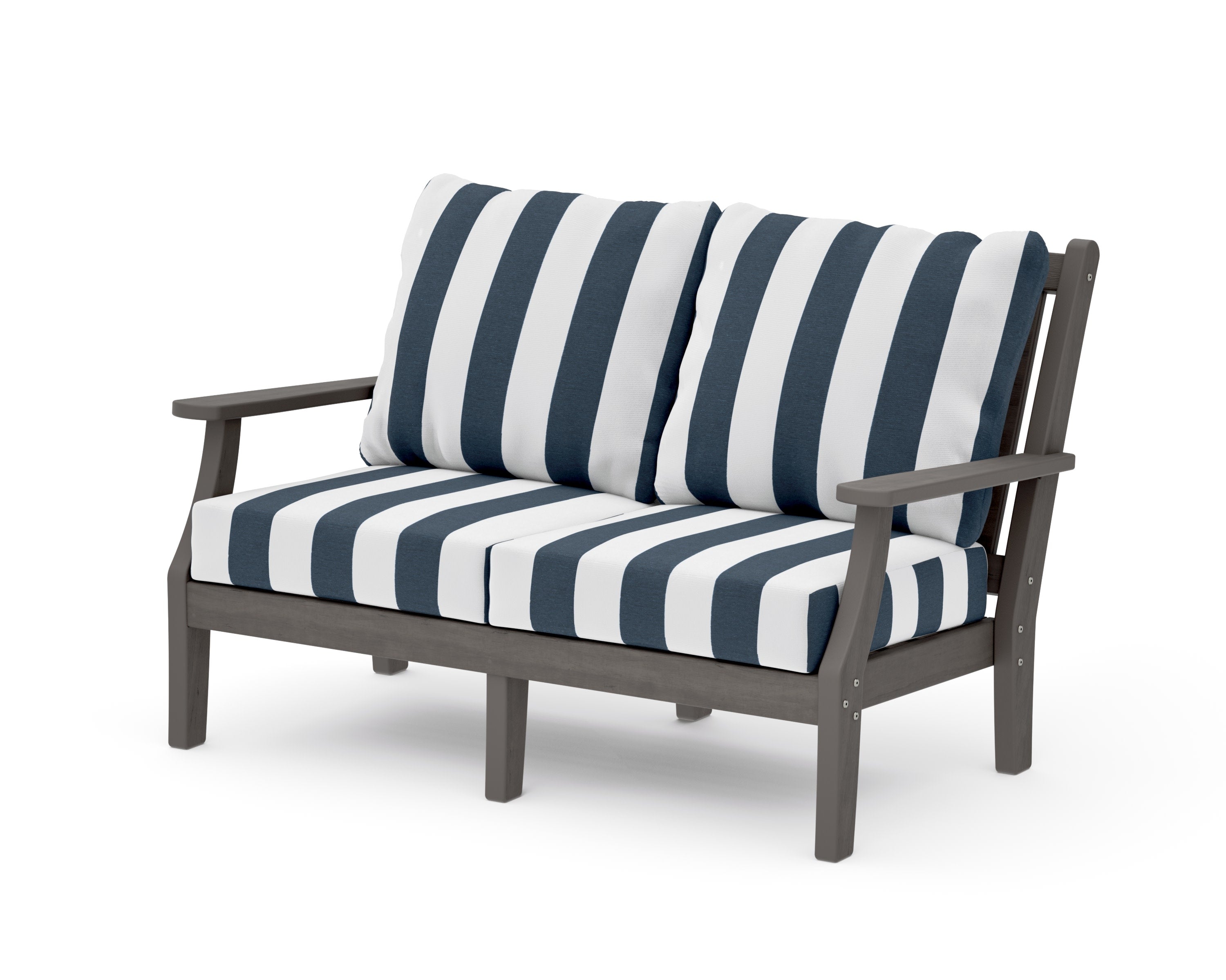 Wovendale Deep Seating Loveseat in Driftwood / Cabana Stripe Marine Indigo