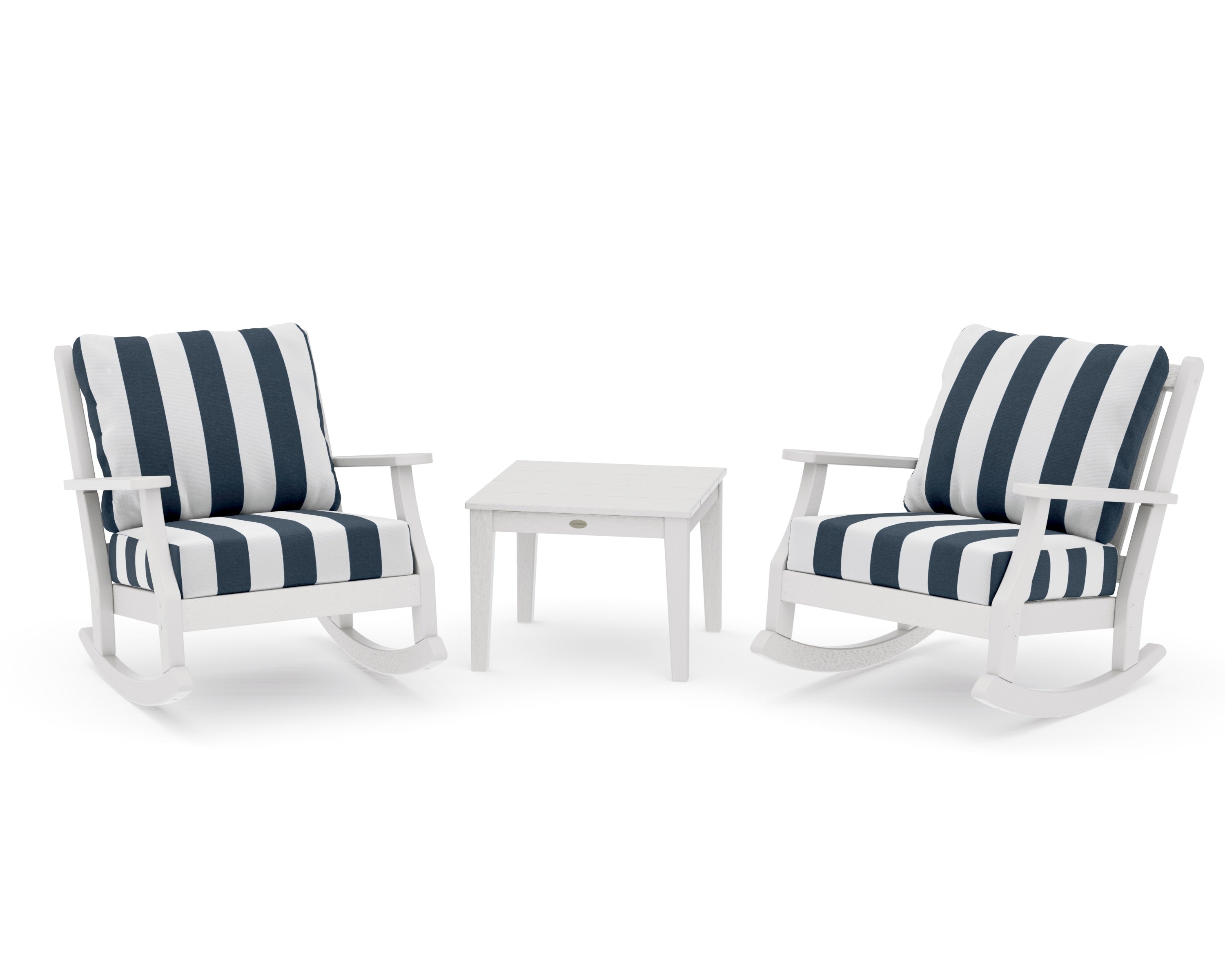 Wovendale 3-Piece Deep Seating Rocker Set in Vintage White / Cabana Stripe Marine Indigo