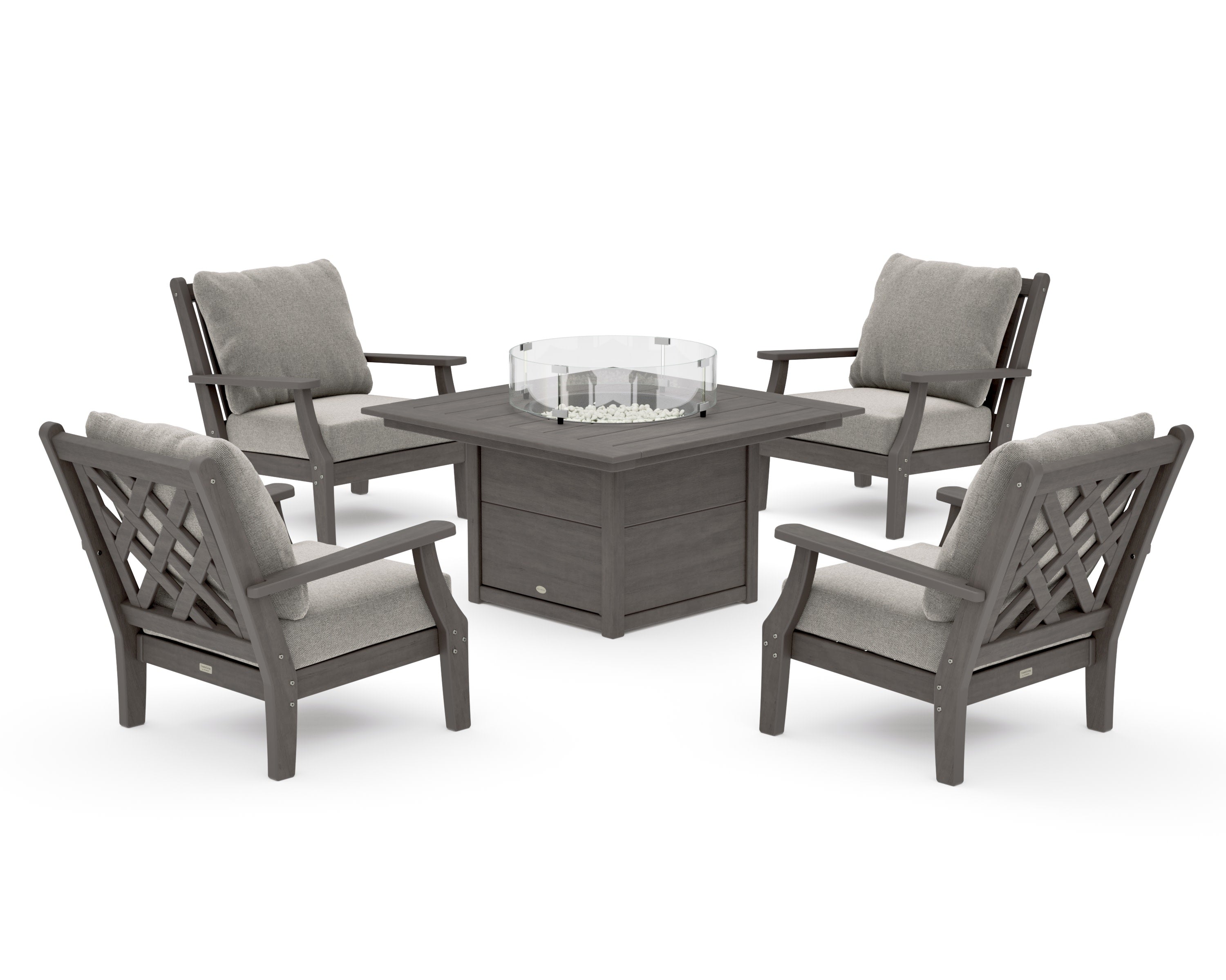 Wovendale 5-Piece Deep Seating Set with Fire Pit Table in Driftwood / Weathered Tweed
