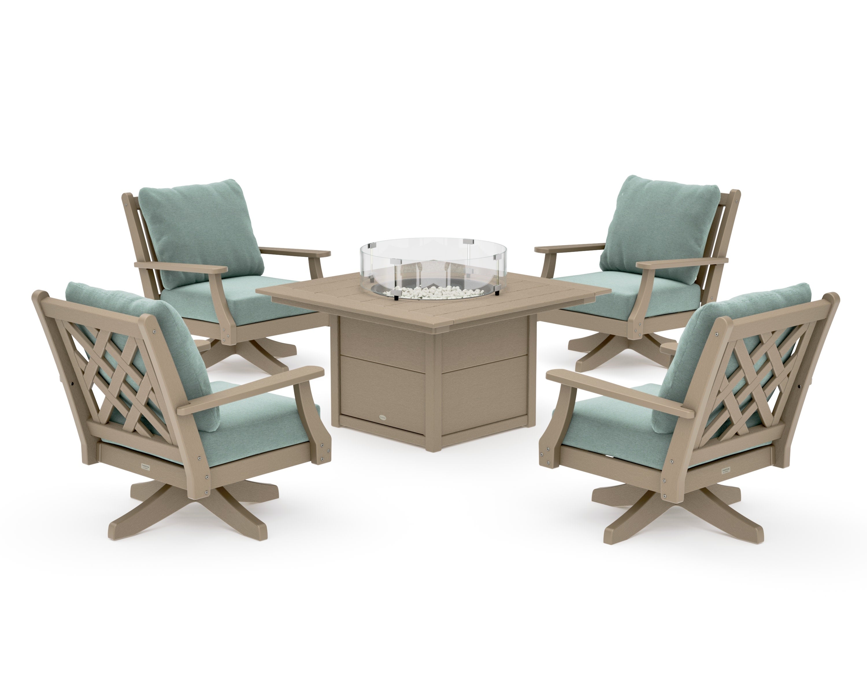 Wovendale 5-Piece Deep Seating Swivel Conversation Set with Fire Pit Table in Vintage Sahara / Glacier Spa