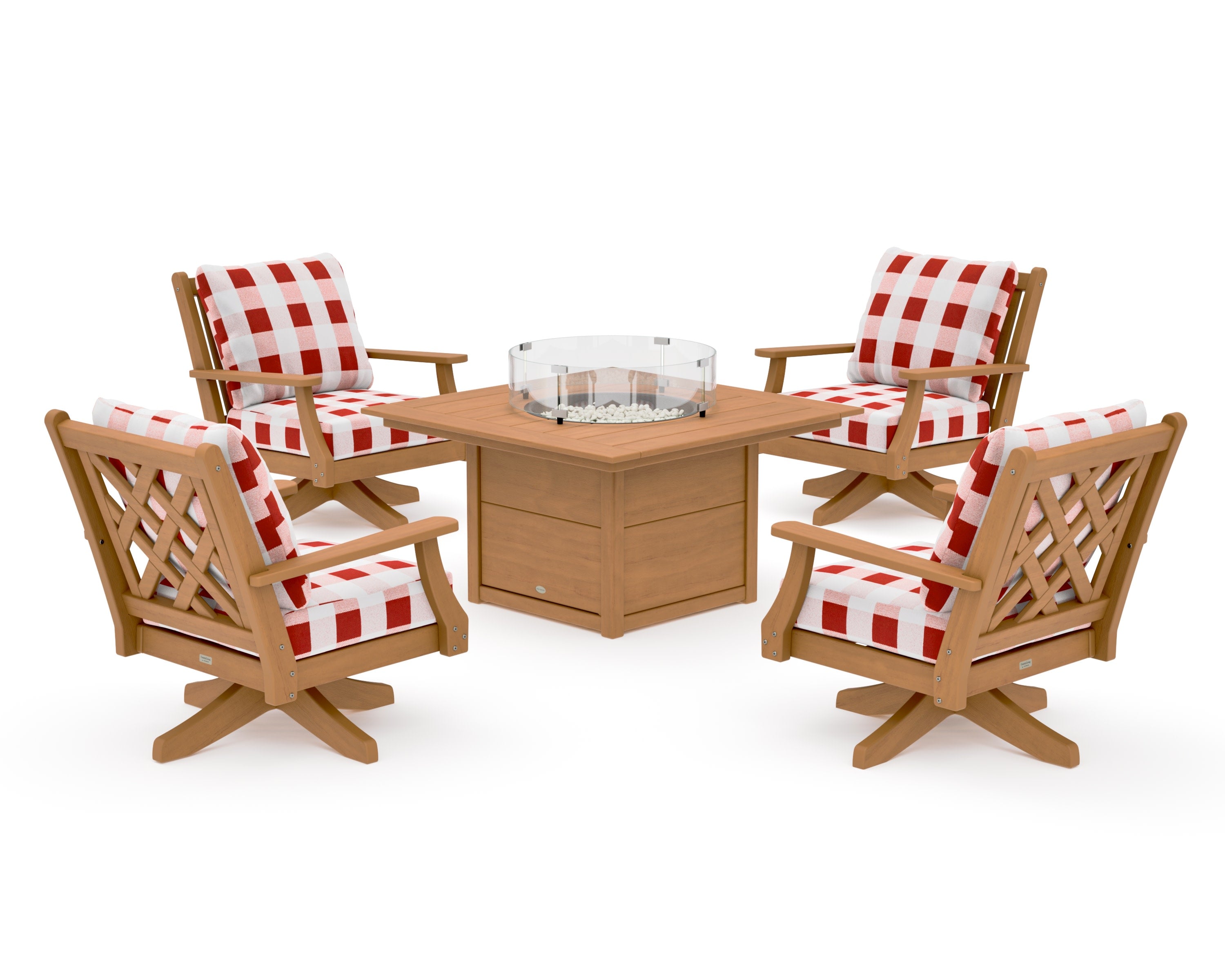 Wovendale 5-Piece Deep Seating Swivel Conversation Set with Fire Pit Table in Natural / Buffalo Plaid Crimson