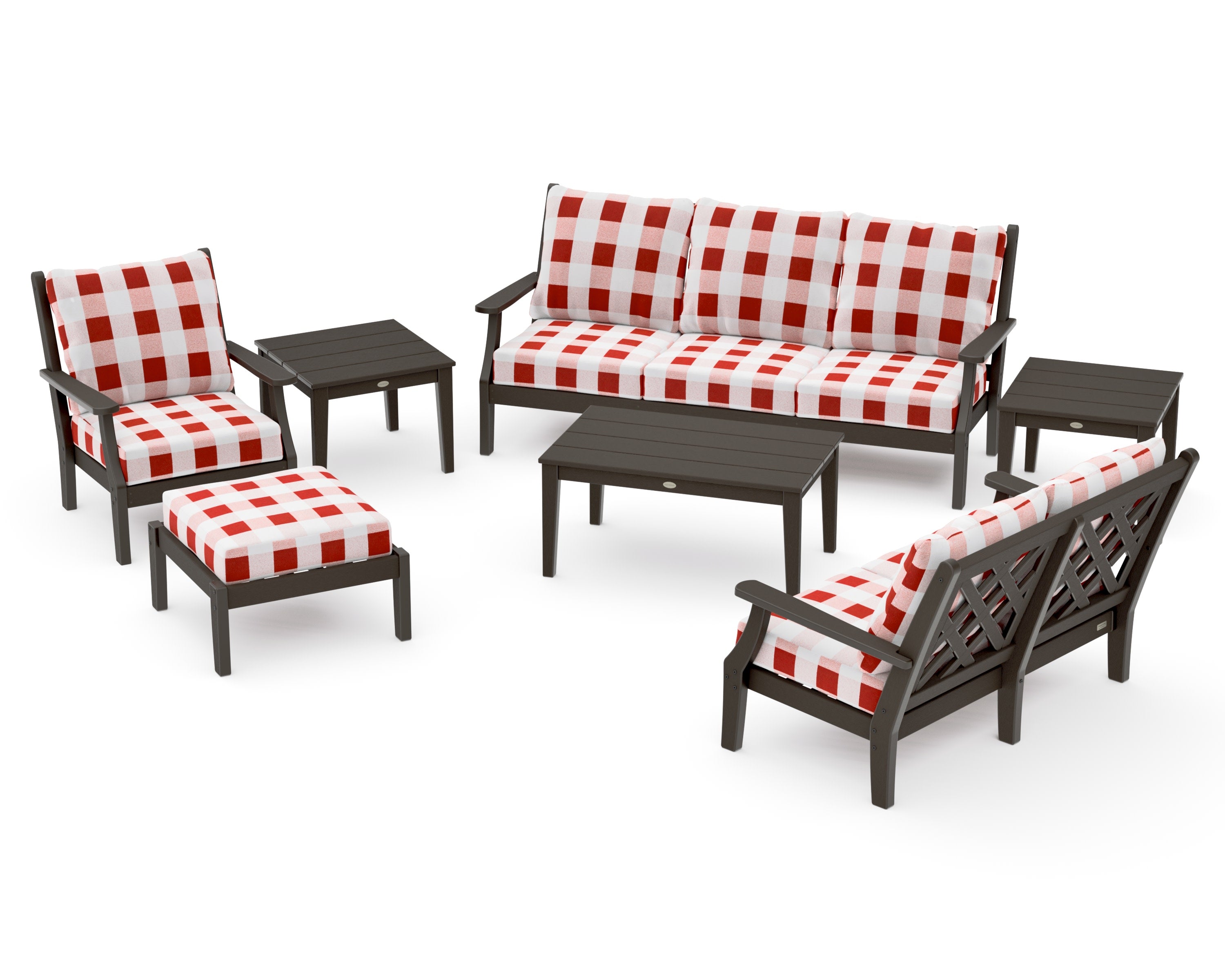 Wovendale 7-Piece Deep Seating Set in Vintage Coffee / Buffalo Plaid Crimson