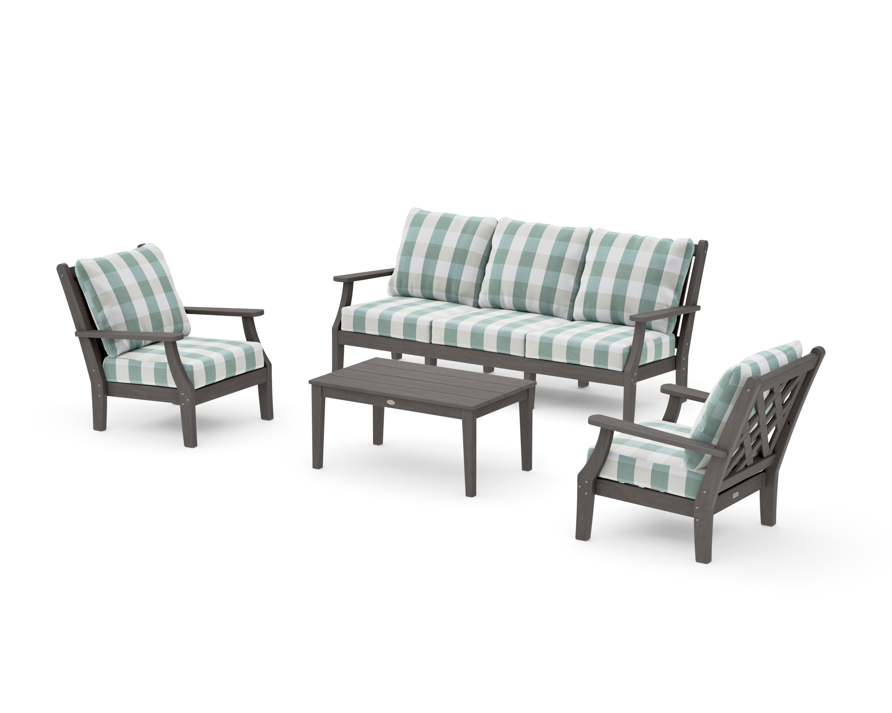 Wovendale 4-Piece Deep Seating Set with Sofa in Driftwood / Buffalo Plaid Glacier Spa