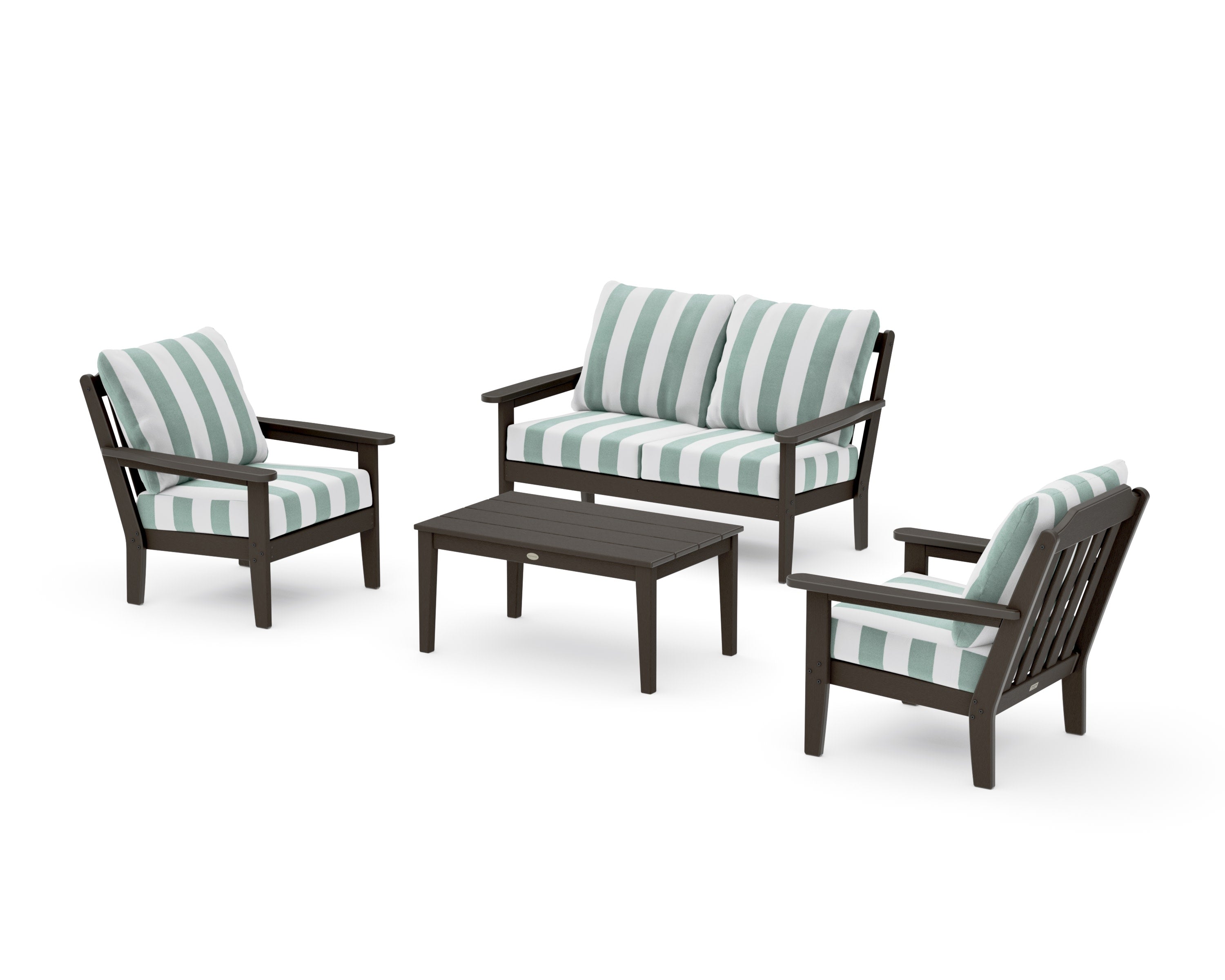 Cottage 4-Piece Deep Seating Set with Loveseat in Vintage Coffee / Cabana Stripe Glacier Spa