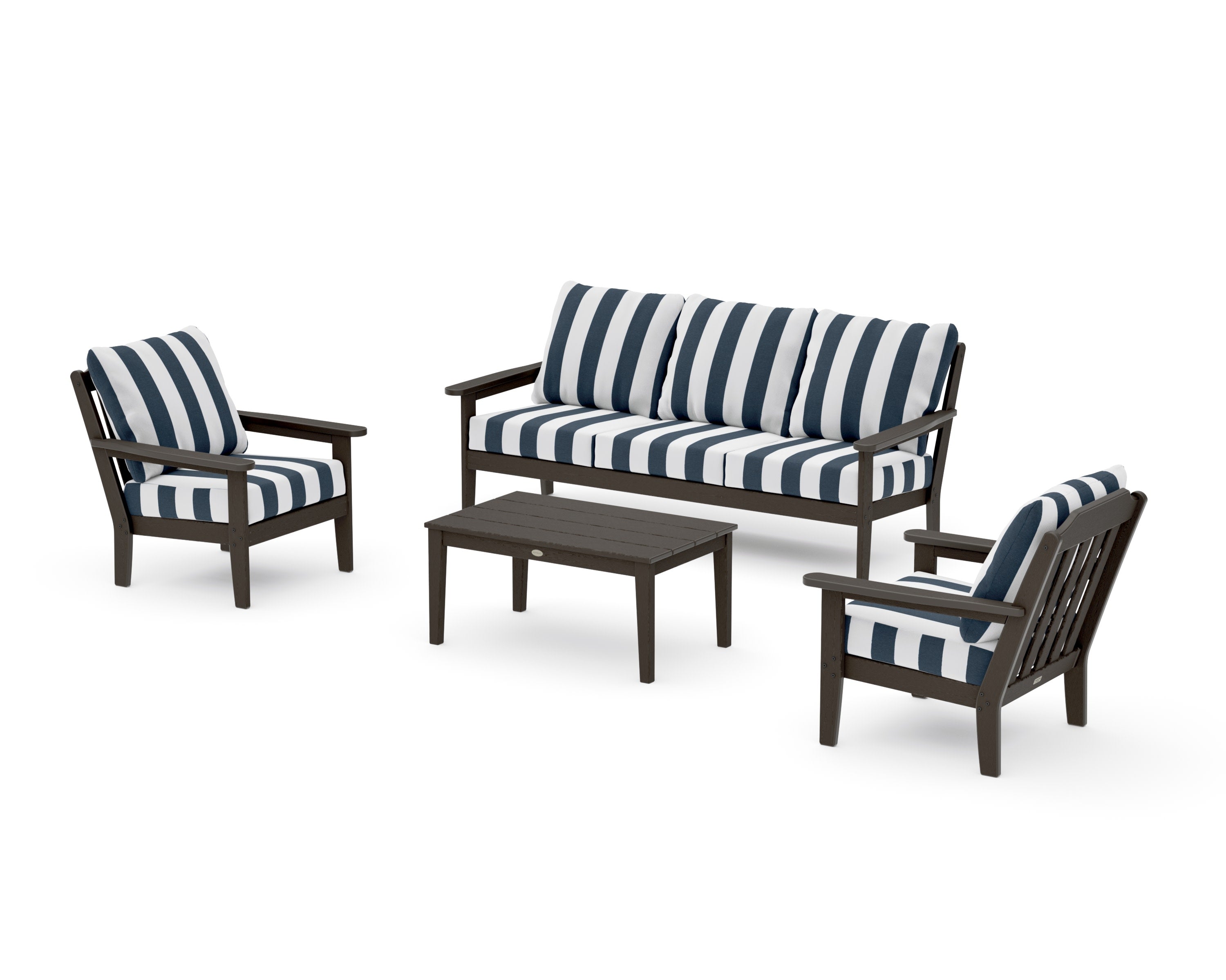 Cottage 4-Piece Deep Seating Set with Sofa in Vintage Coffee / Cabana Stripe Marine Indigo
