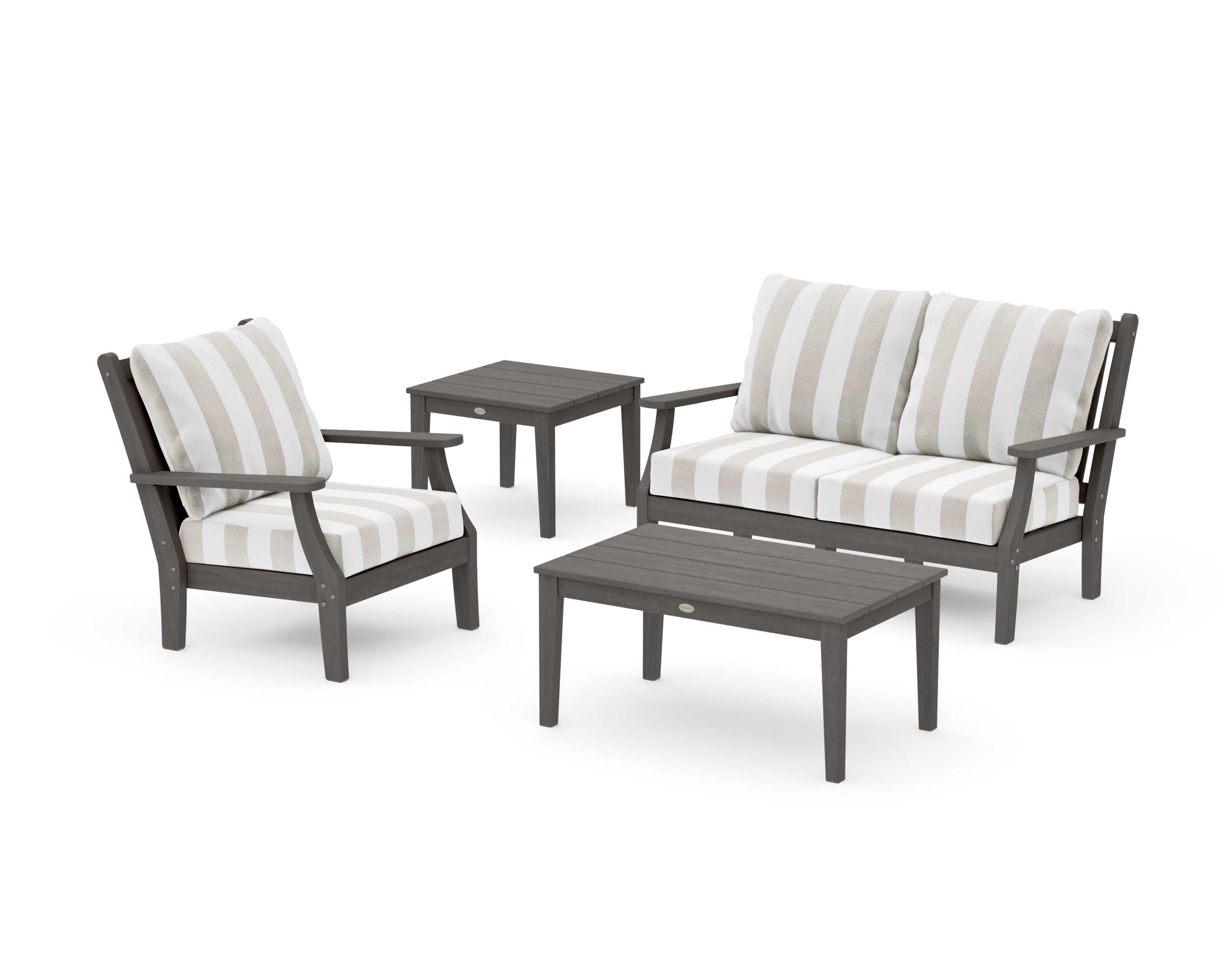 Wovendale 4-Piece Deep Seating Set in Driftwood / Cabana Stripe Dune Burlap