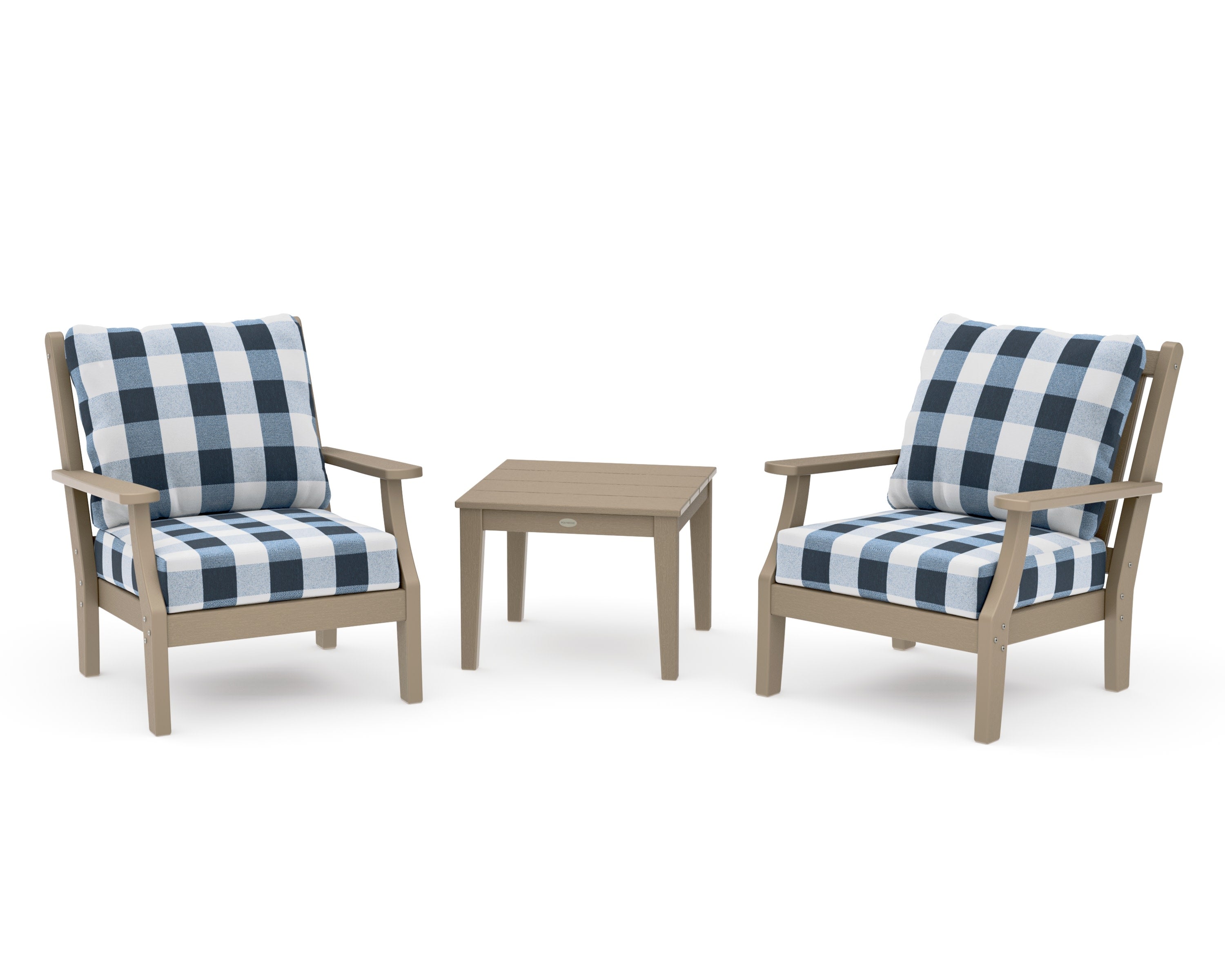 Wovendale 3-Piece Deep Seating Set in Vintage Sahara / Buffalo Plaid Marine Indigo