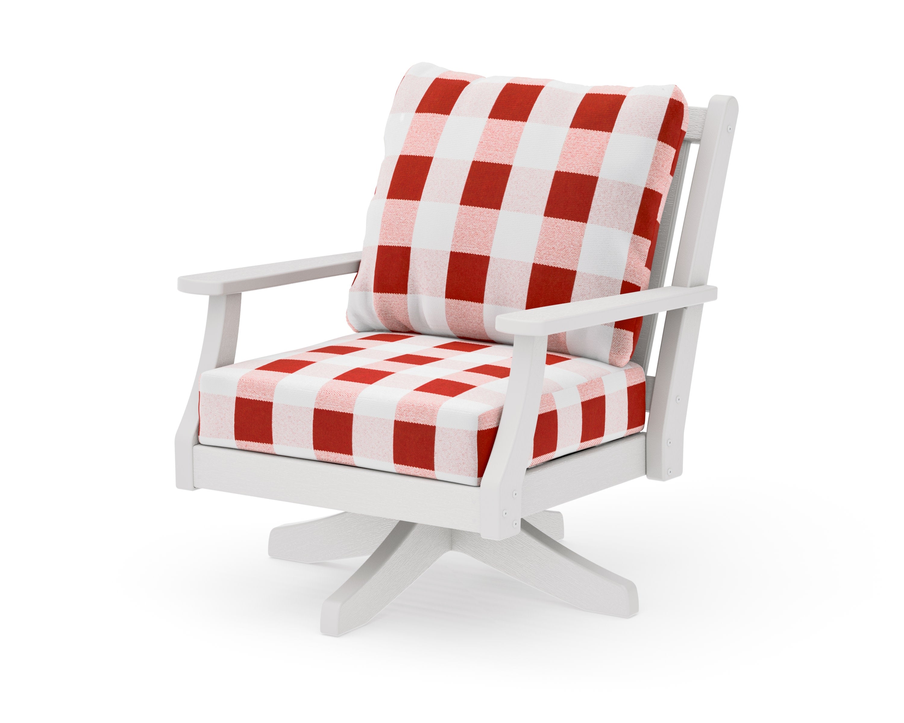Wovendale Deep Seating Swivel Chair in Vintage White / Buffalo Plaid Crimson