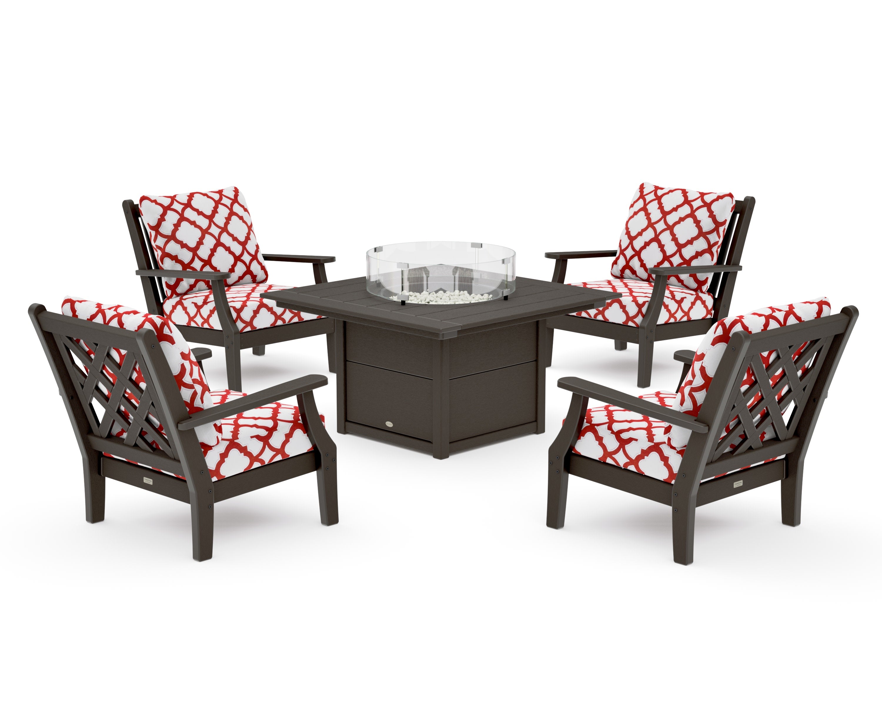 Wovendale 5-Piece Deep Seating Set with Fire Pit Table in Vintage Coffee / Trellis Crimson