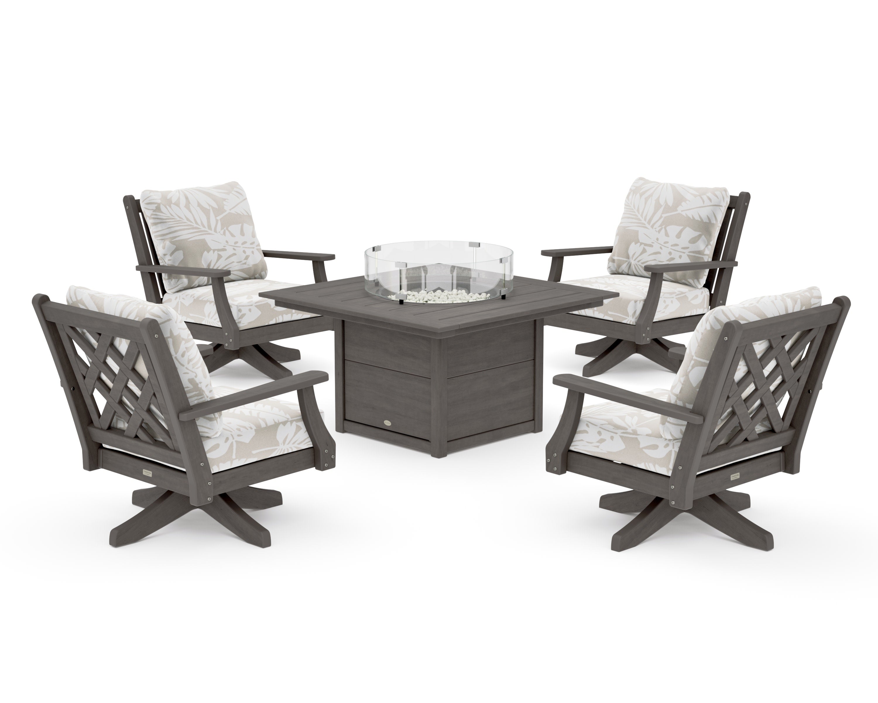 Wovendale 5-Piece Deep Seating Swivel Conversation Set with Fire Pit Table in Driftwood / Leaf Dune Burlap