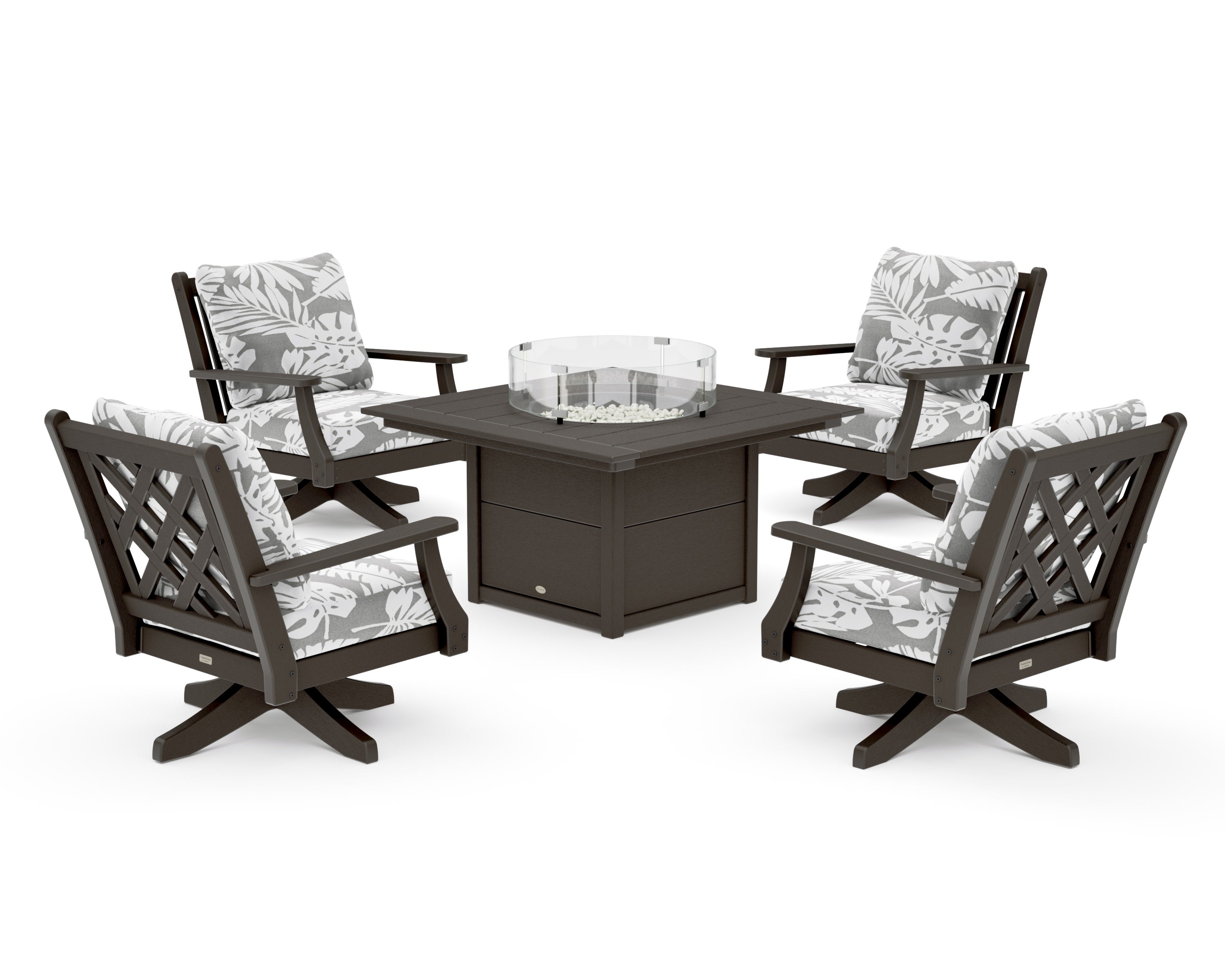 Wovendale 5-Piece Deep Seating Swivel Conversation Set with Fire Pit Table in Vintage Coffee / Leaf Grey Mist