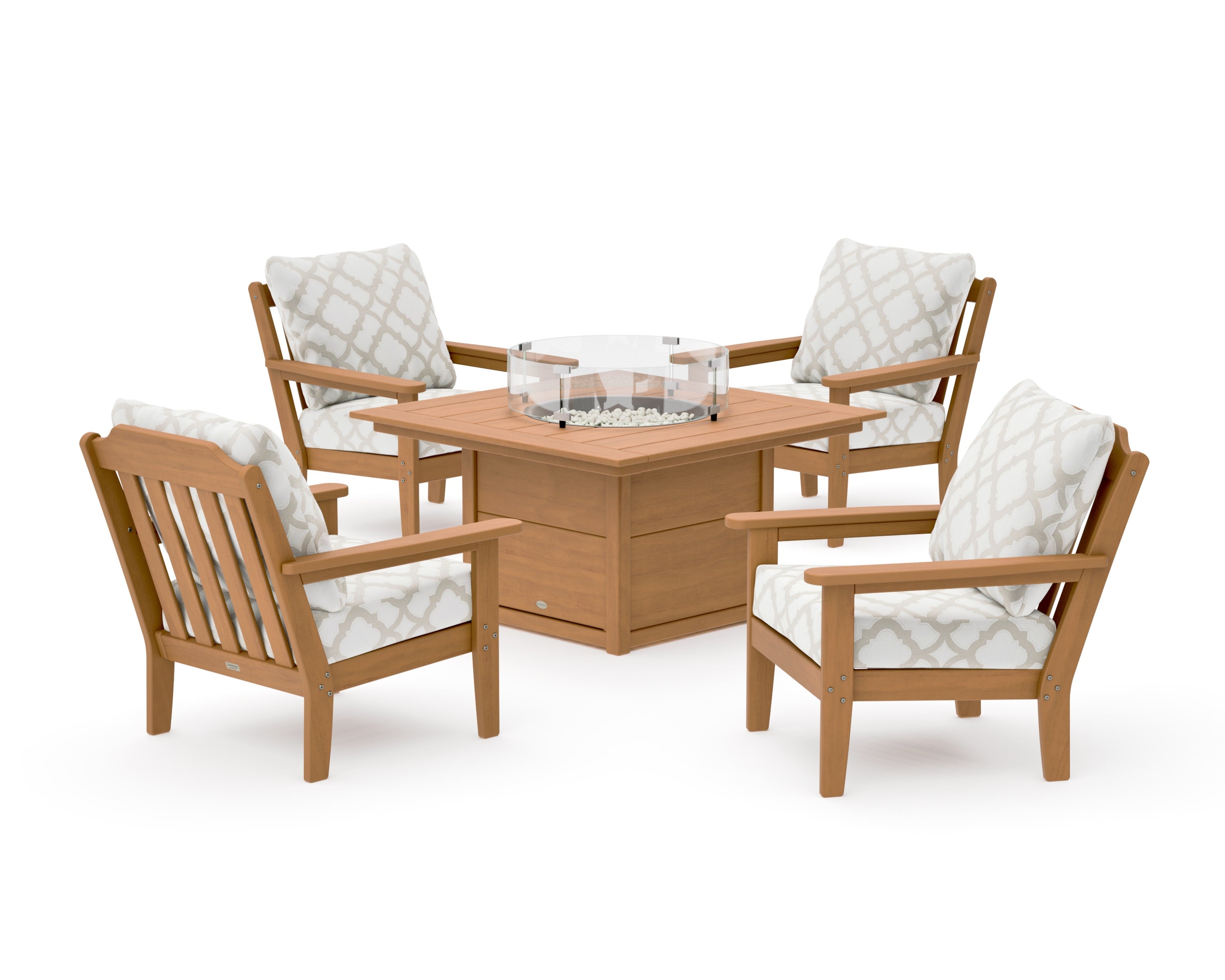 Cottage 5-Piece Deep Seating Set with Fire Pit Table in Natural / Trellis Dune Burlap