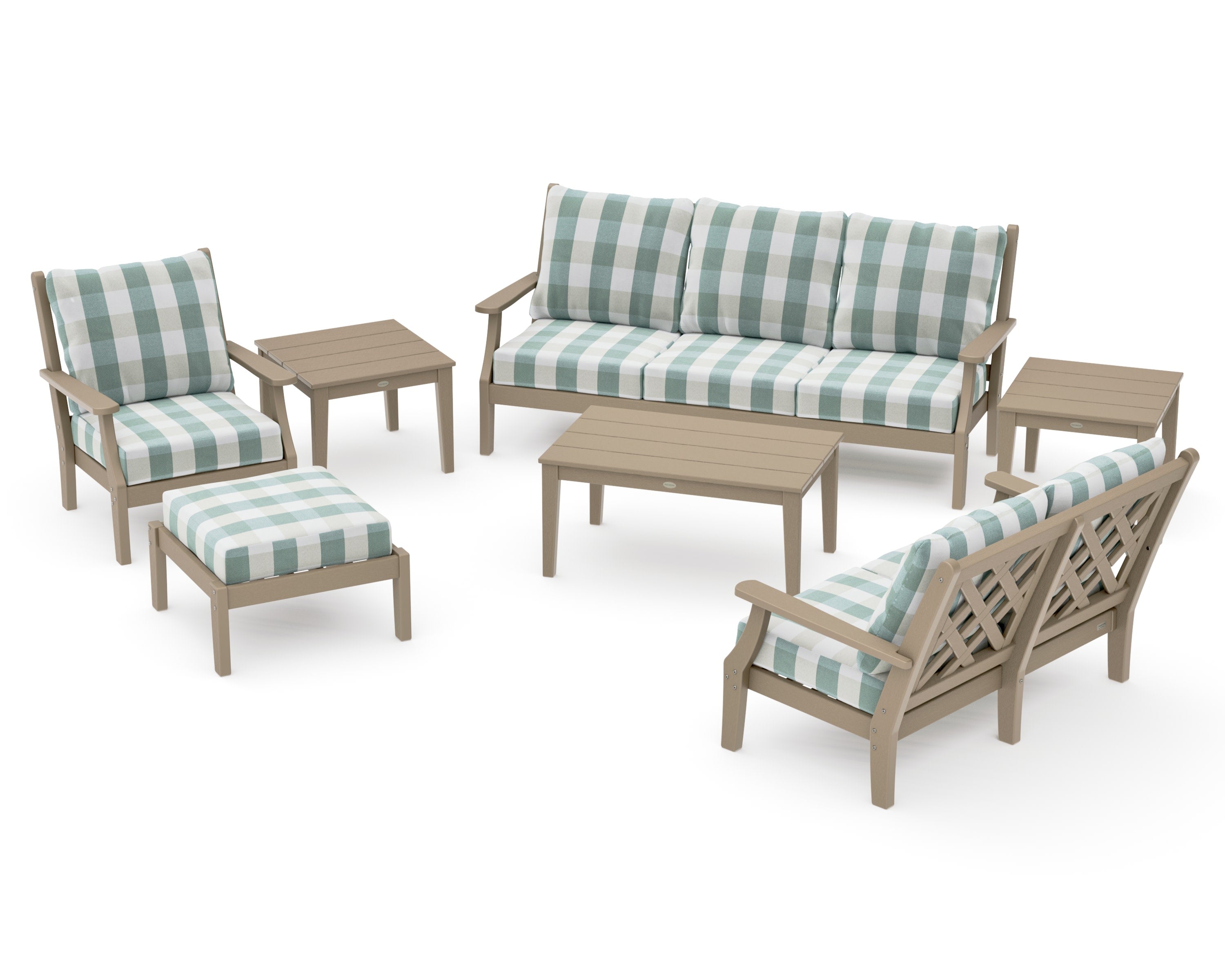Wovendale 7-Piece Deep Seating Set in Vintage Sahara / Buffalo Plaid Glacier Spa