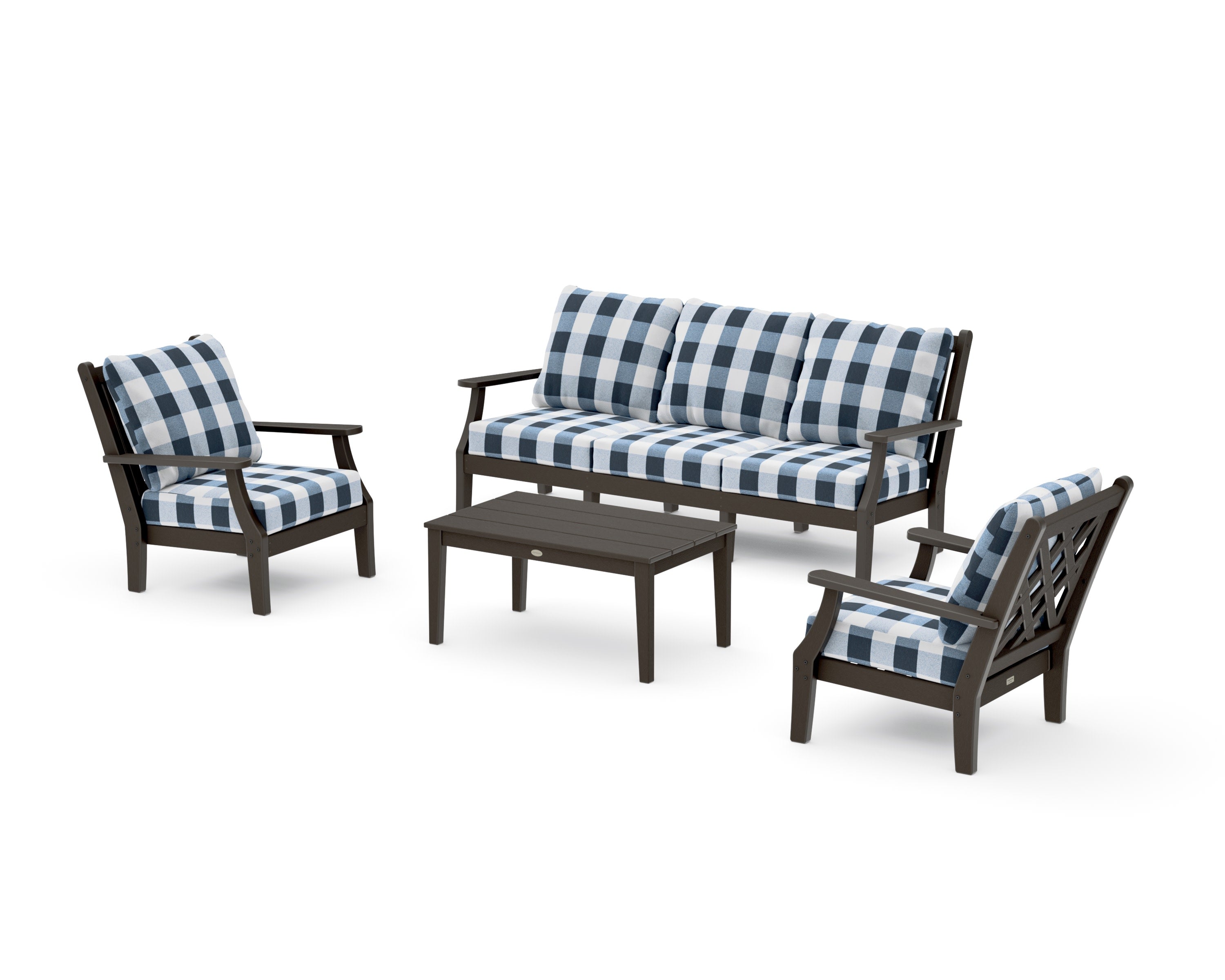 Wovendale 4-Piece Deep Seating Set with Sofa in Vintage Coffee / Buffalo Plaid Marine Indigo