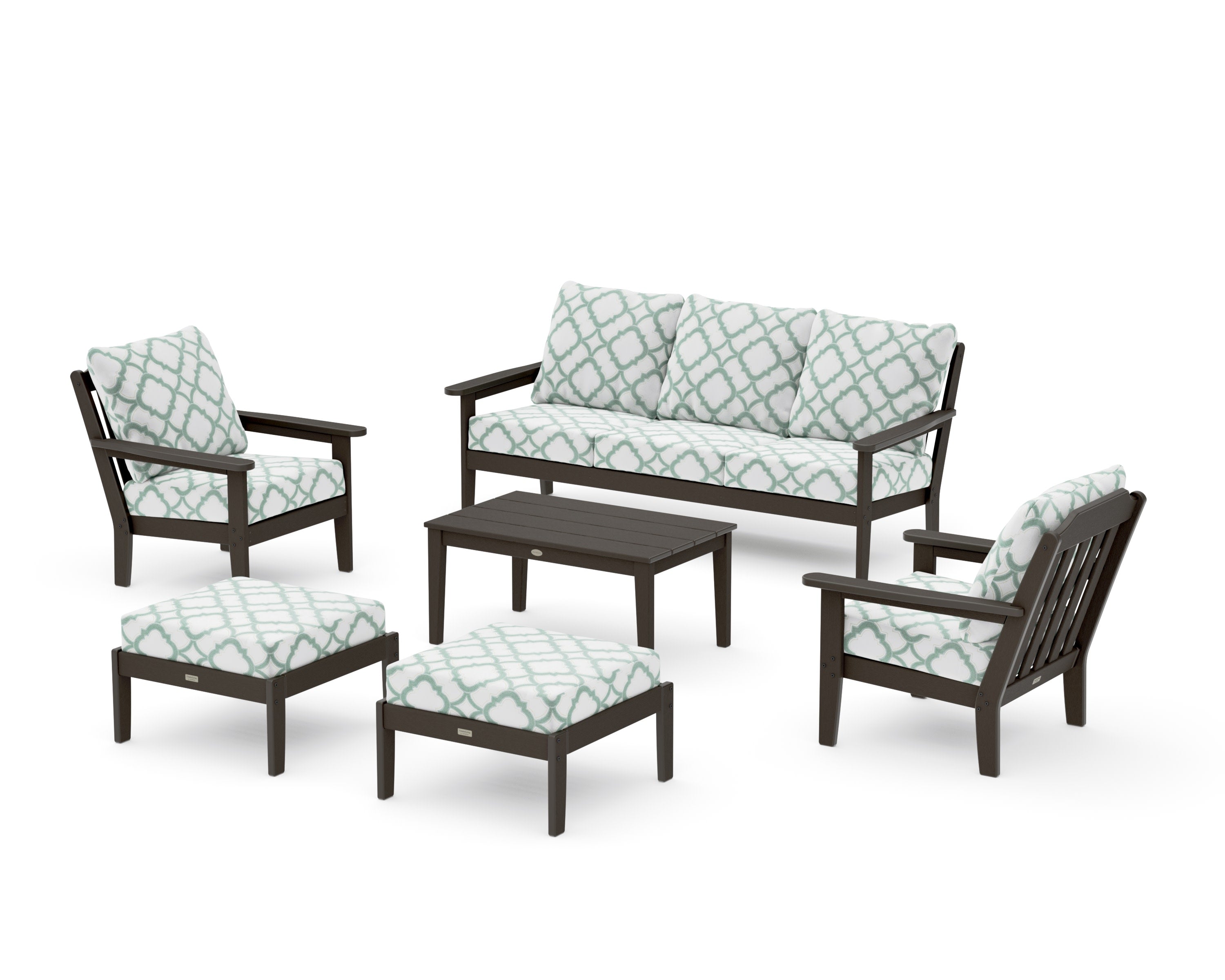 Cottage 6-Piece Lounge Sofa Set in Vintage Coffee / Trellis Glacier Spa