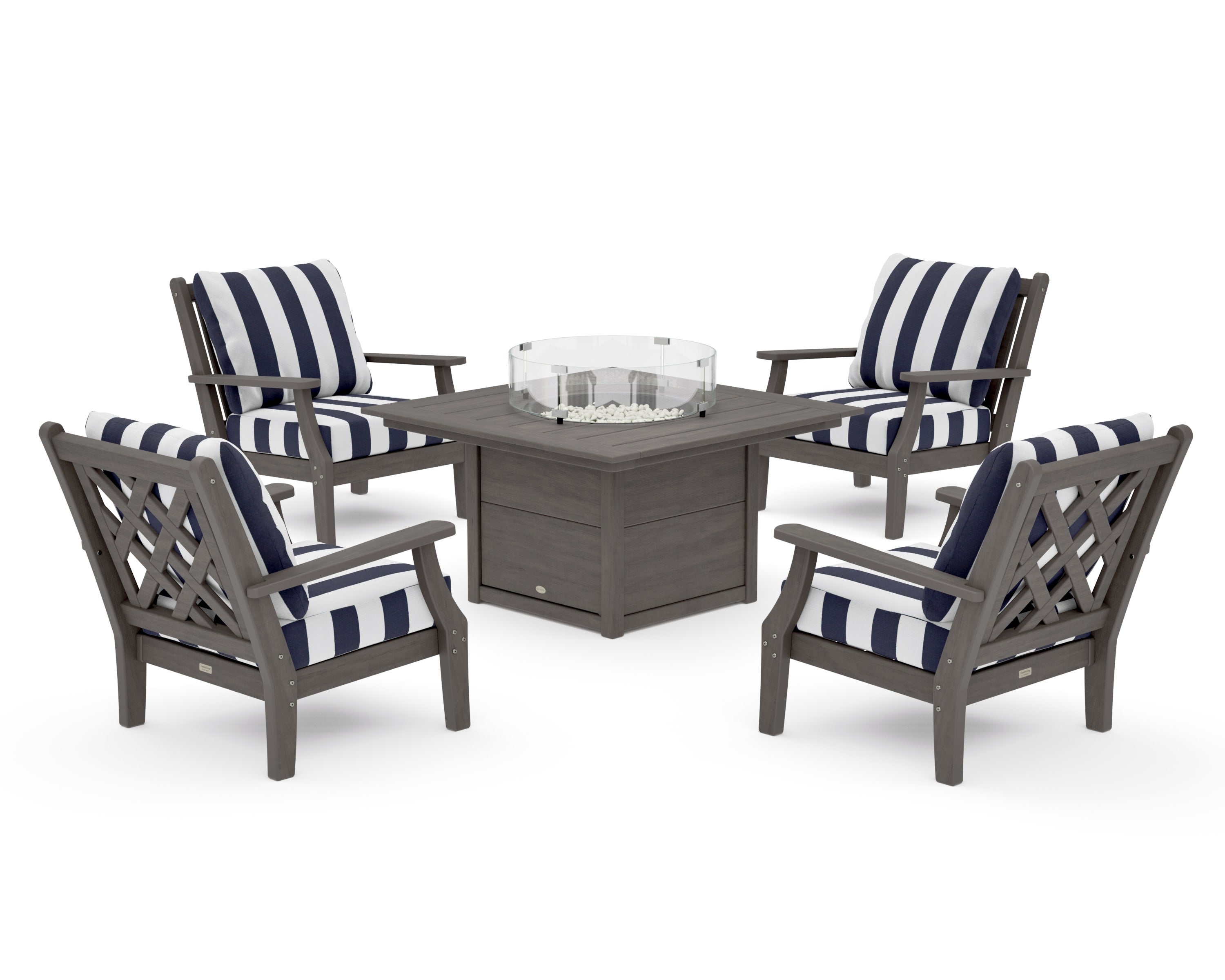 Wovendale 5-Piece Deep Seating Set with Fire Pit Table in Driftwood / Cabana Stripe Navy