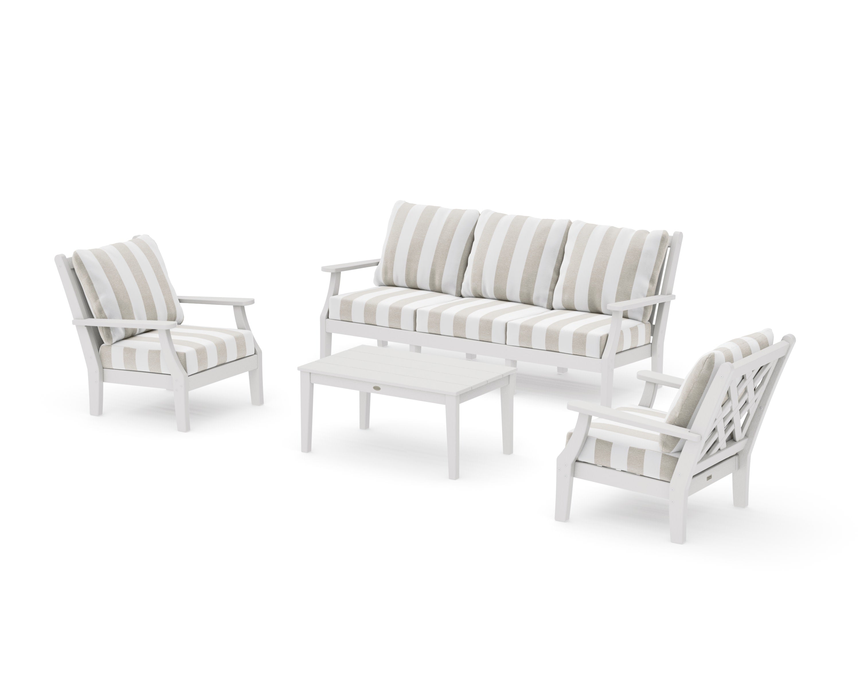 Wovendale 4-Piece Deep Seating Set with Sofa in Vintage White / Cabana Stripe Dune Burlap