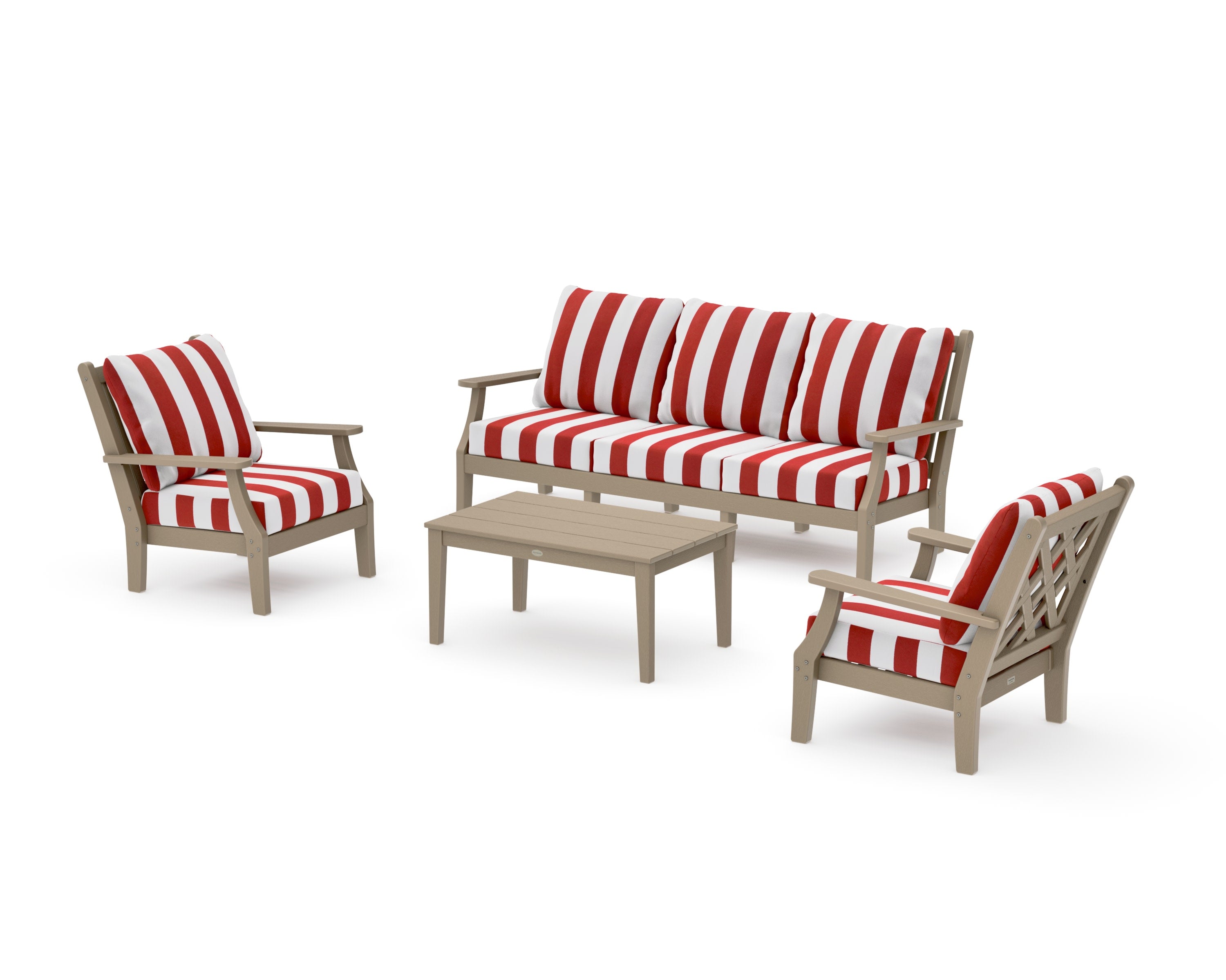 Wovendale 4-Piece Deep Seating Set with Sofa in Vintage Sahara / Cabana Stripe Crimson
