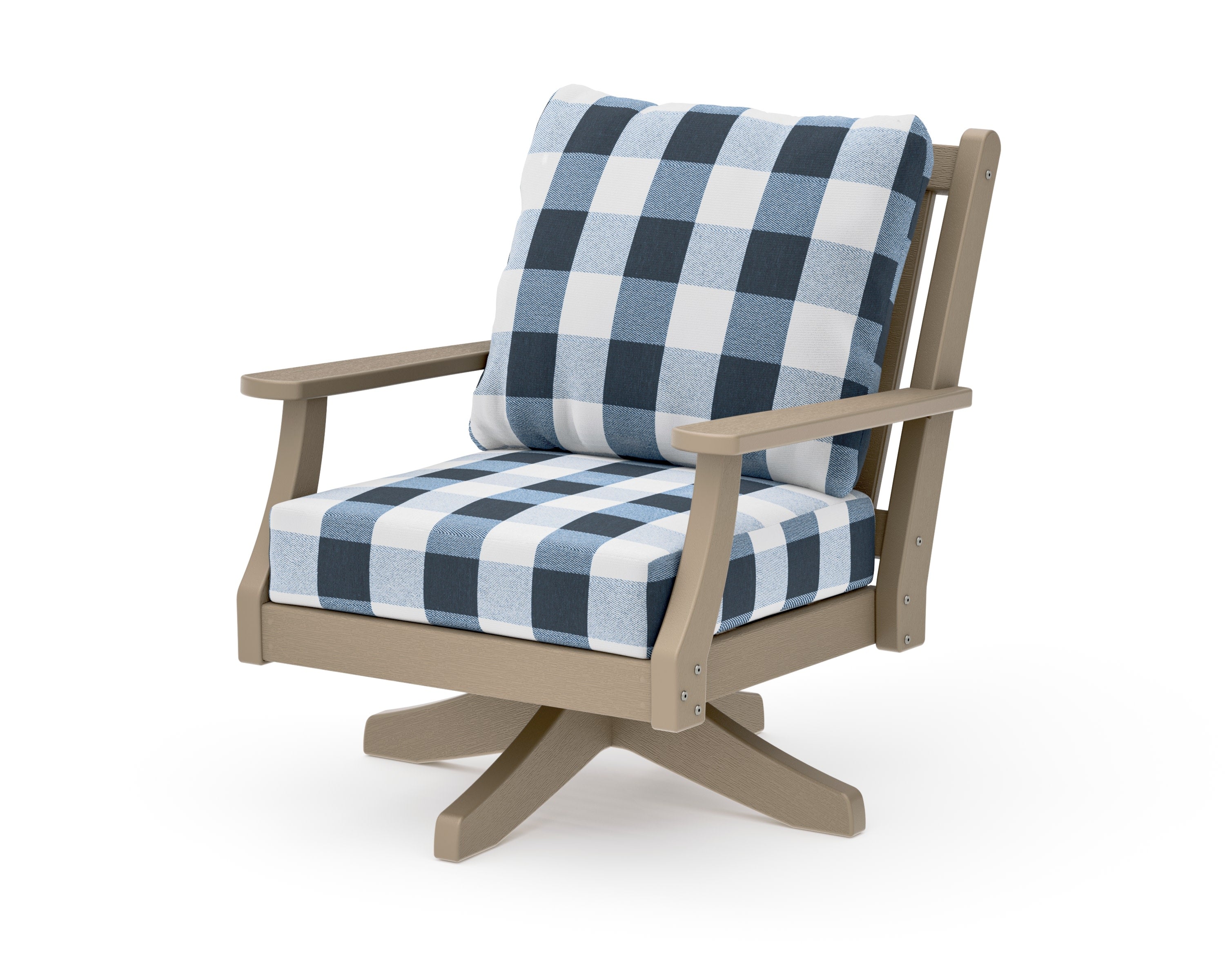 Wovendale Deep Seating Swivel Chair in Vintage Sahara / Buffalo Plaid Marine Indigo
