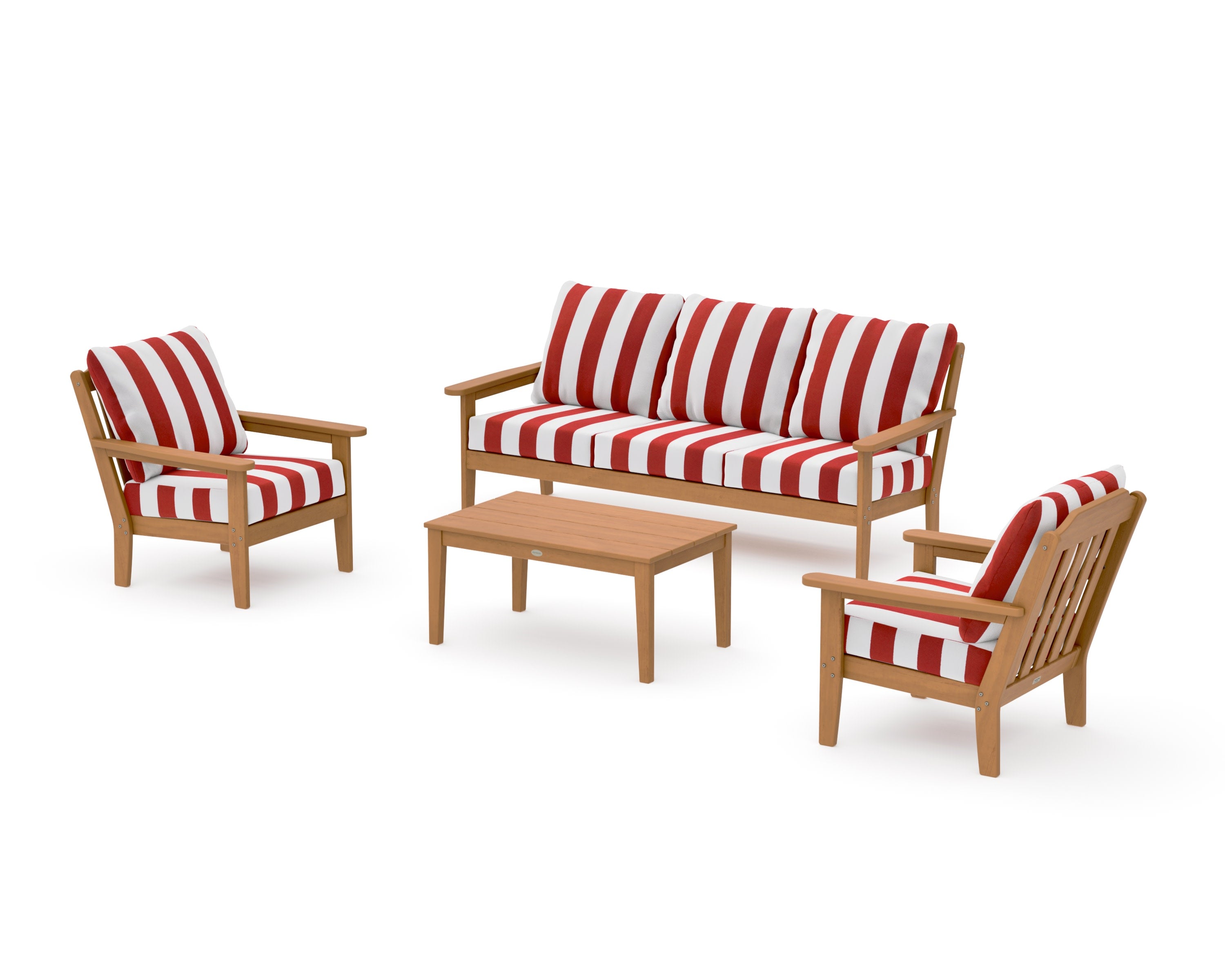 Cottage 4-Piece Deep Seating Set with Sofa in Natural / Cabana Stripe Crimson