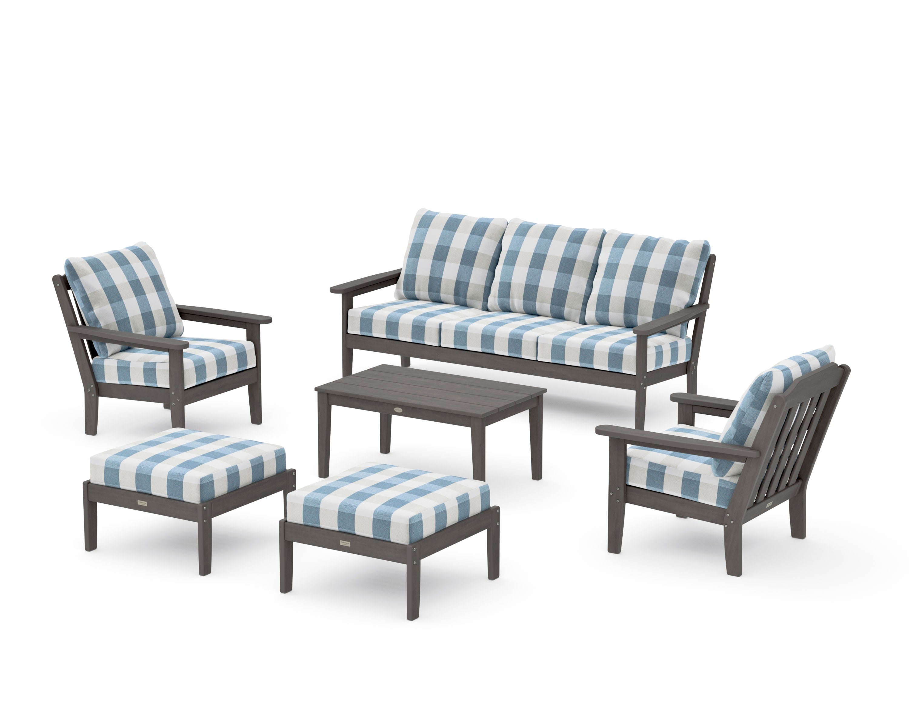 Cottage 6-Piece Lounge Sofa Set in Driftwood / Buffalo Plaid Sky Blue