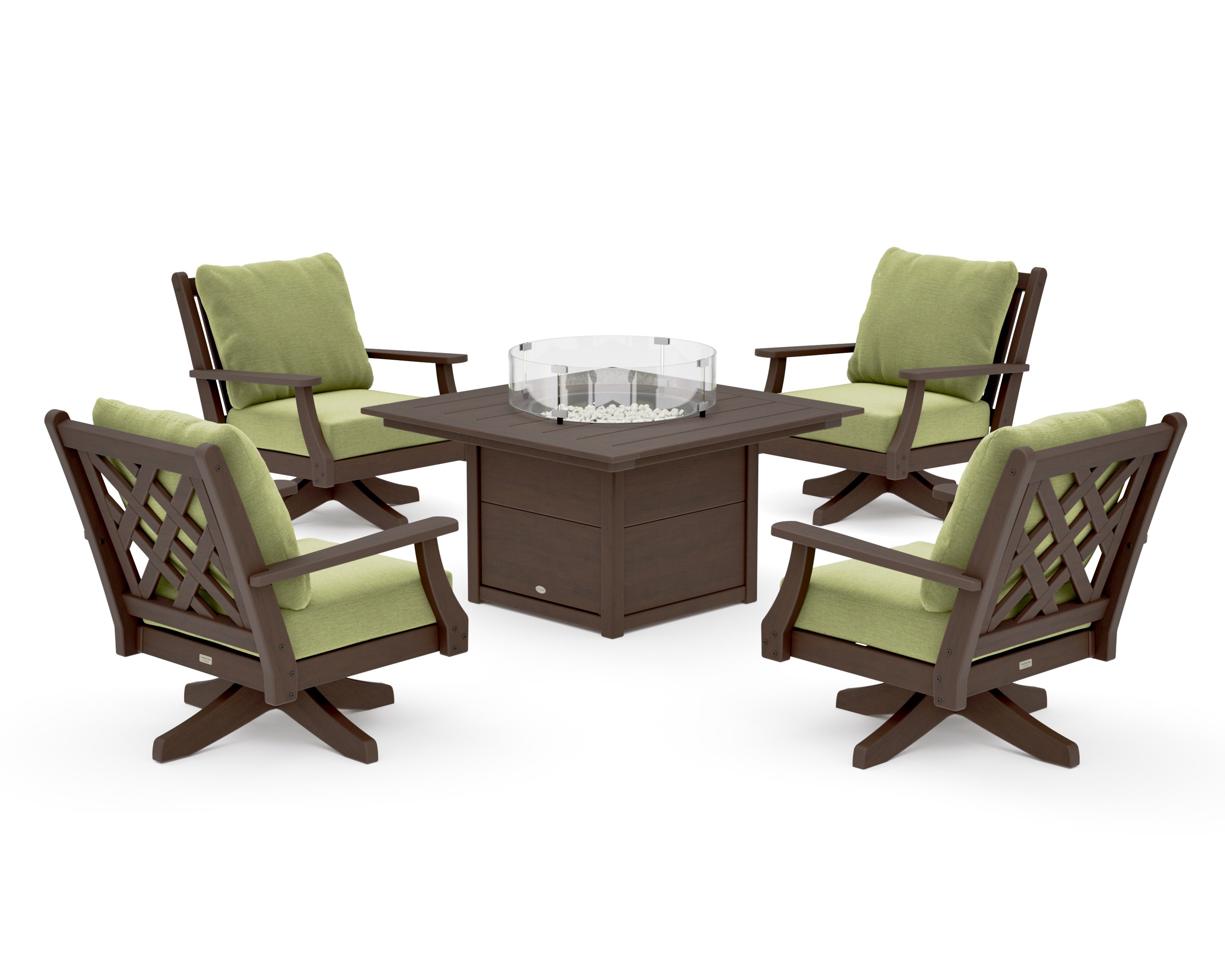 Wovendale 5-Piece Deep Seating Swivel Conversation Set with Fire Pit Table in Kona / Chartreuse Boucle