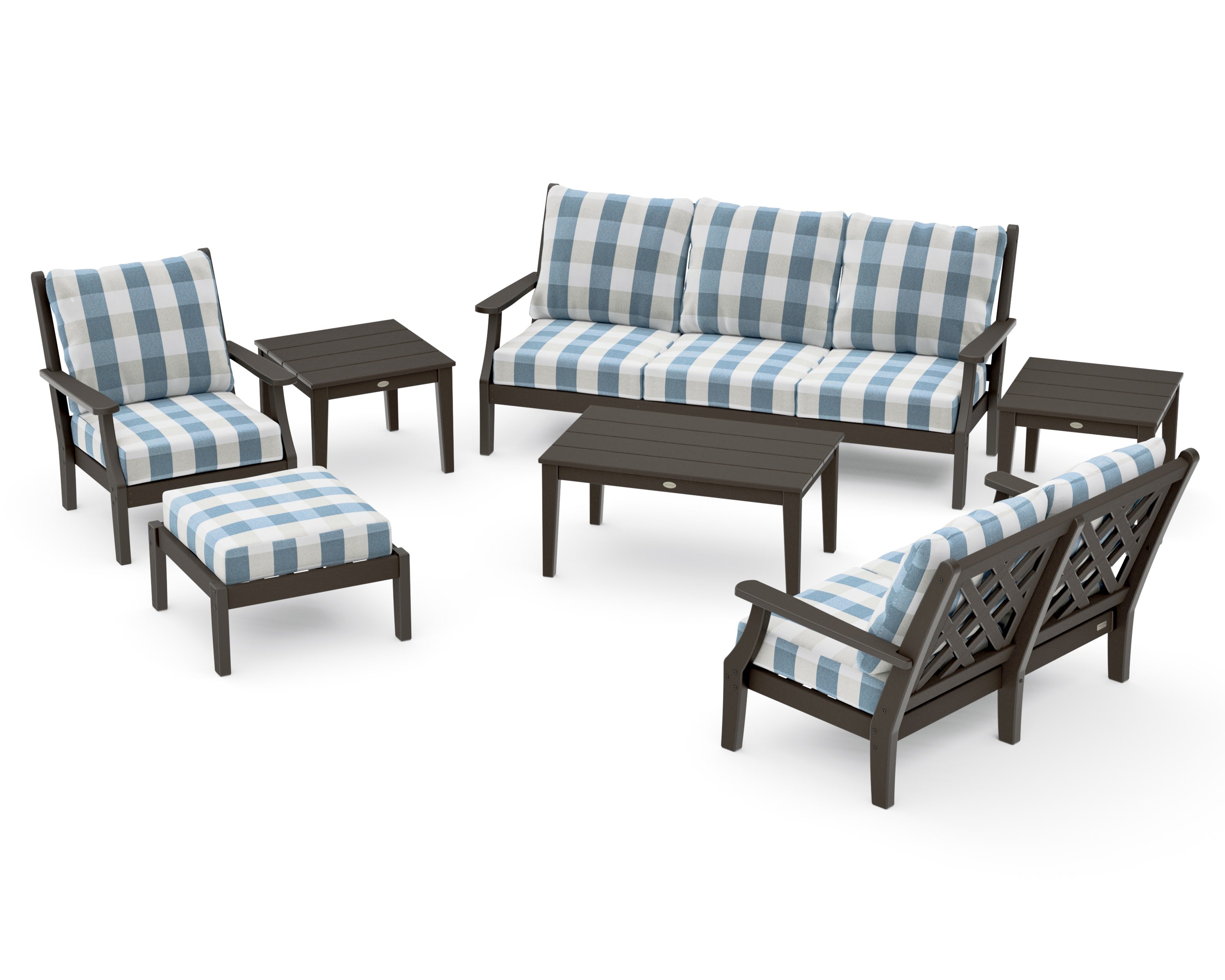 Wovendale 7-Piece Deep Seating Set in Vintage Coffee / Buffalo Plaid Sky Blue