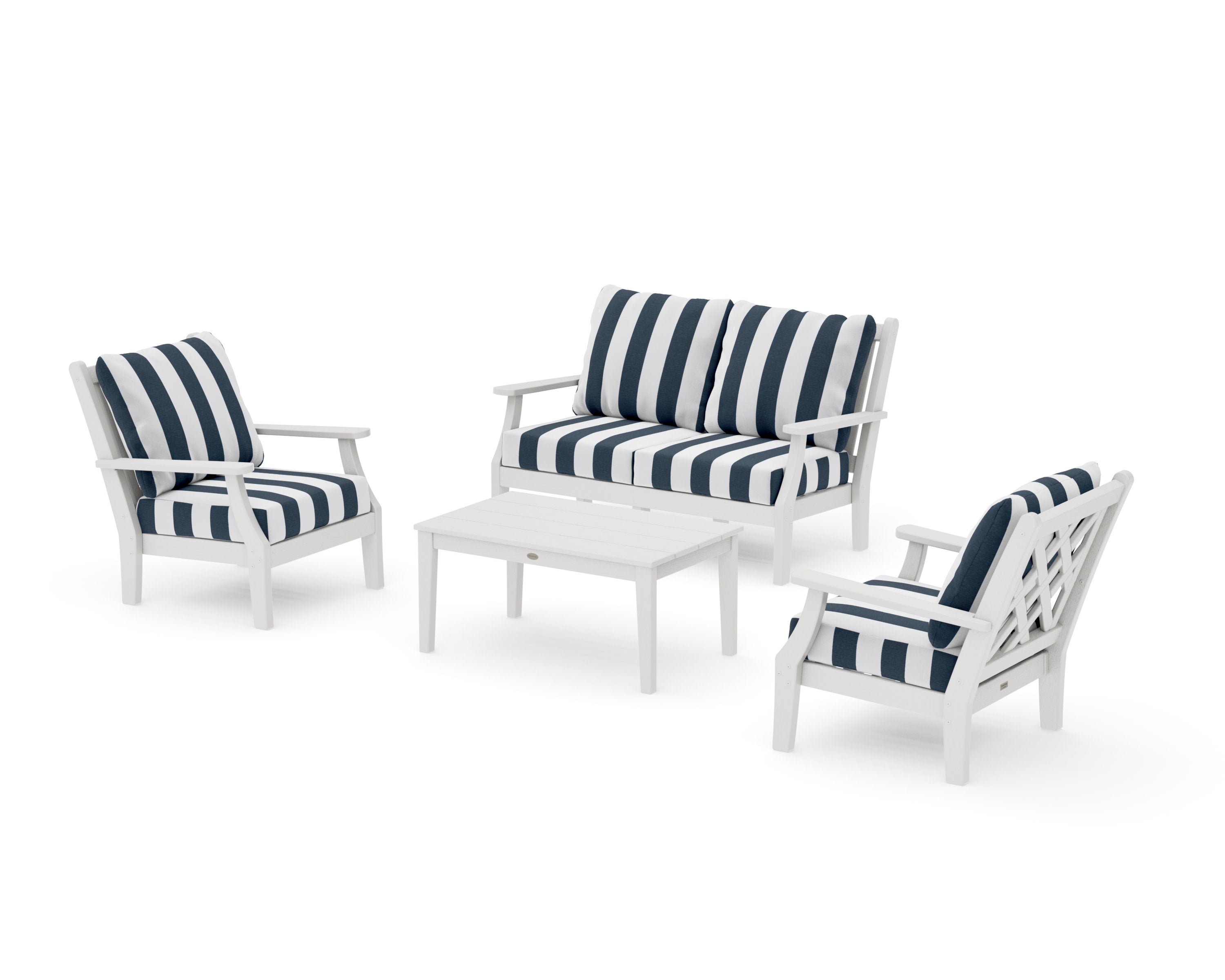 Wovendale 4-Piece Deep Seating Set with Loveseat in Vintage White / Cabana Stripe Marine Indigo