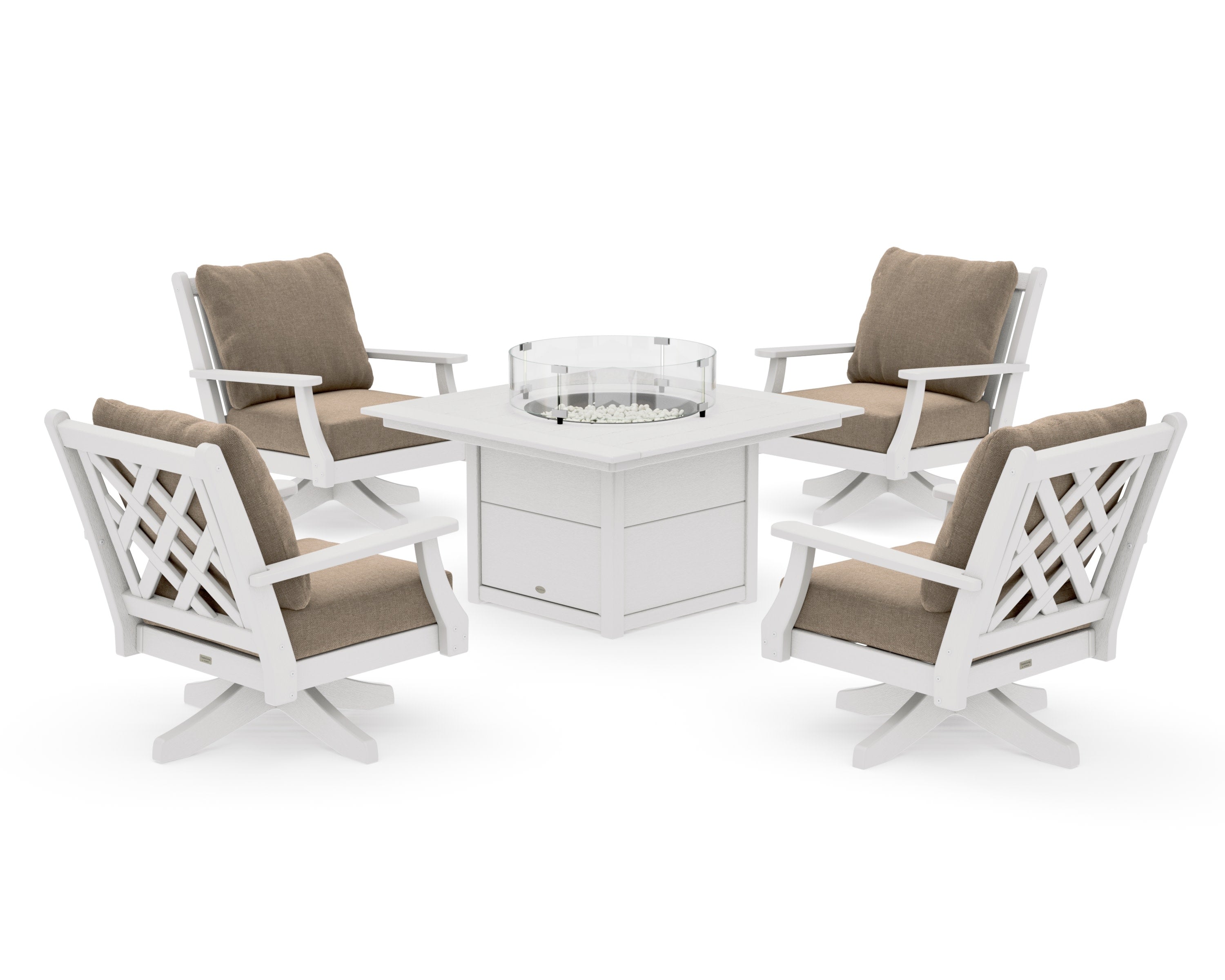 Wovendale 5-Piece Deep Seating Swivel Conversation Set with Fire Pit Table in Vintage White / Spiced Burlap